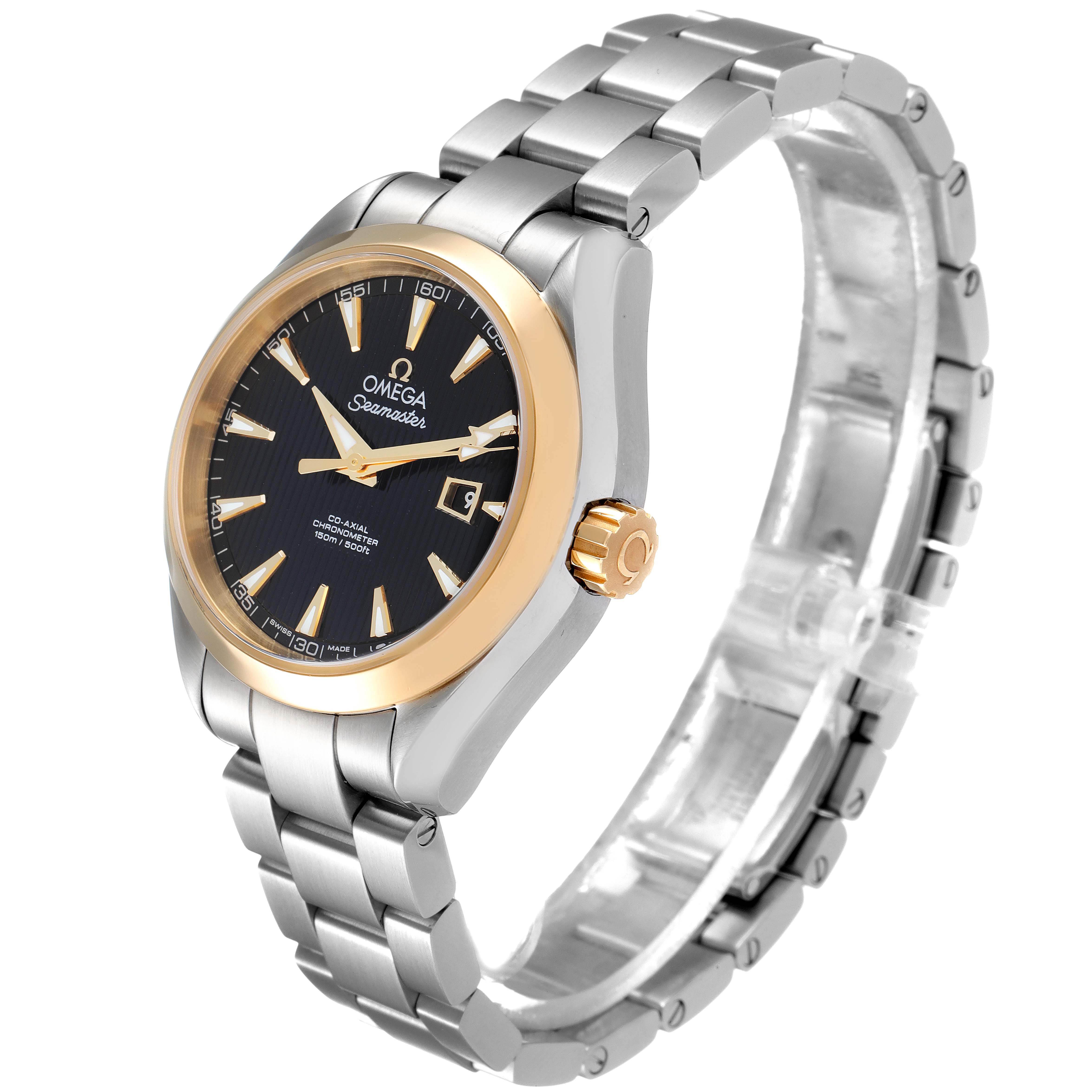 The image shows an angled view of the Omega 231.20.34.20.01.004 Women's Steel and Gold (two tone) Black Dial 231.20.34.20.01.004 Women's Steel and Gold (two tone) Black Dial Seamaster Aqua Terra Steel Yellow Gold Watch 231.20.34.20.01.004 with its bracelet and face visible.