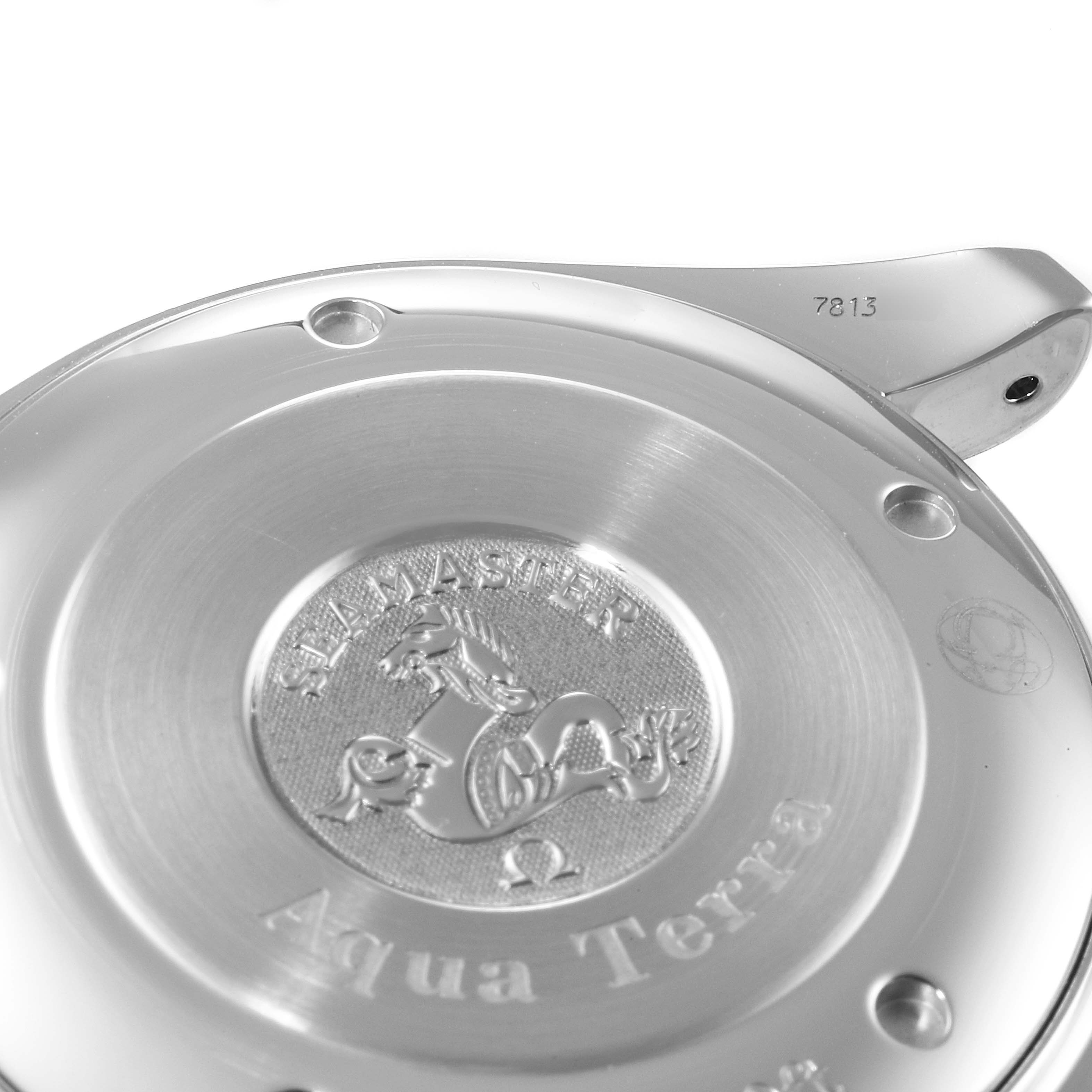 This image shows the back case of the Omega Seamaster Aqua Terra watch at a close-up angle.
