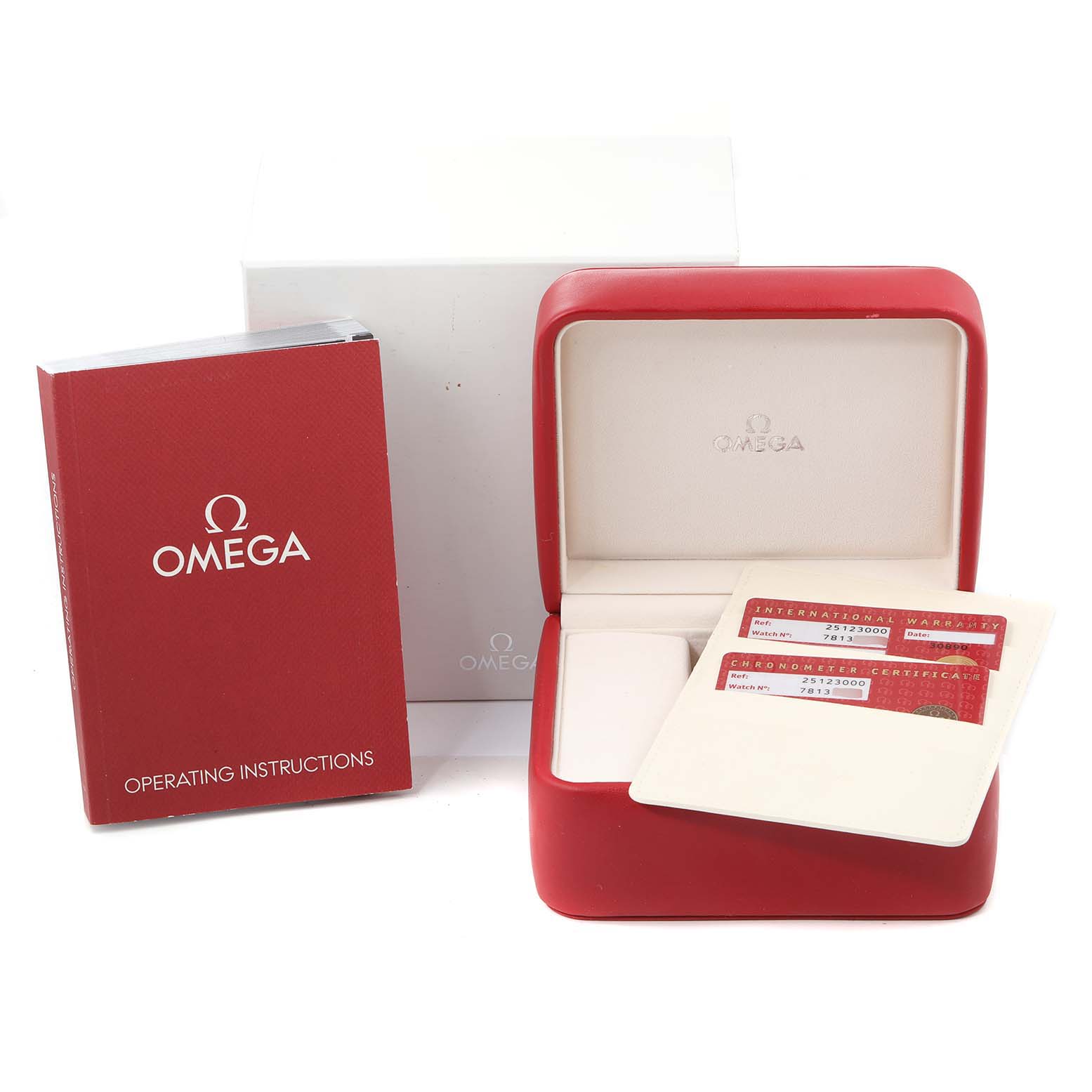 The image shows the box and accessories for the Omega Aqua Terra 2512.30.00 Men
s Stainless Steel Silver Dial 2512.30.00 Men
s Stainless Steel Silver Dial watch, including the operating instructions and warranty cards.