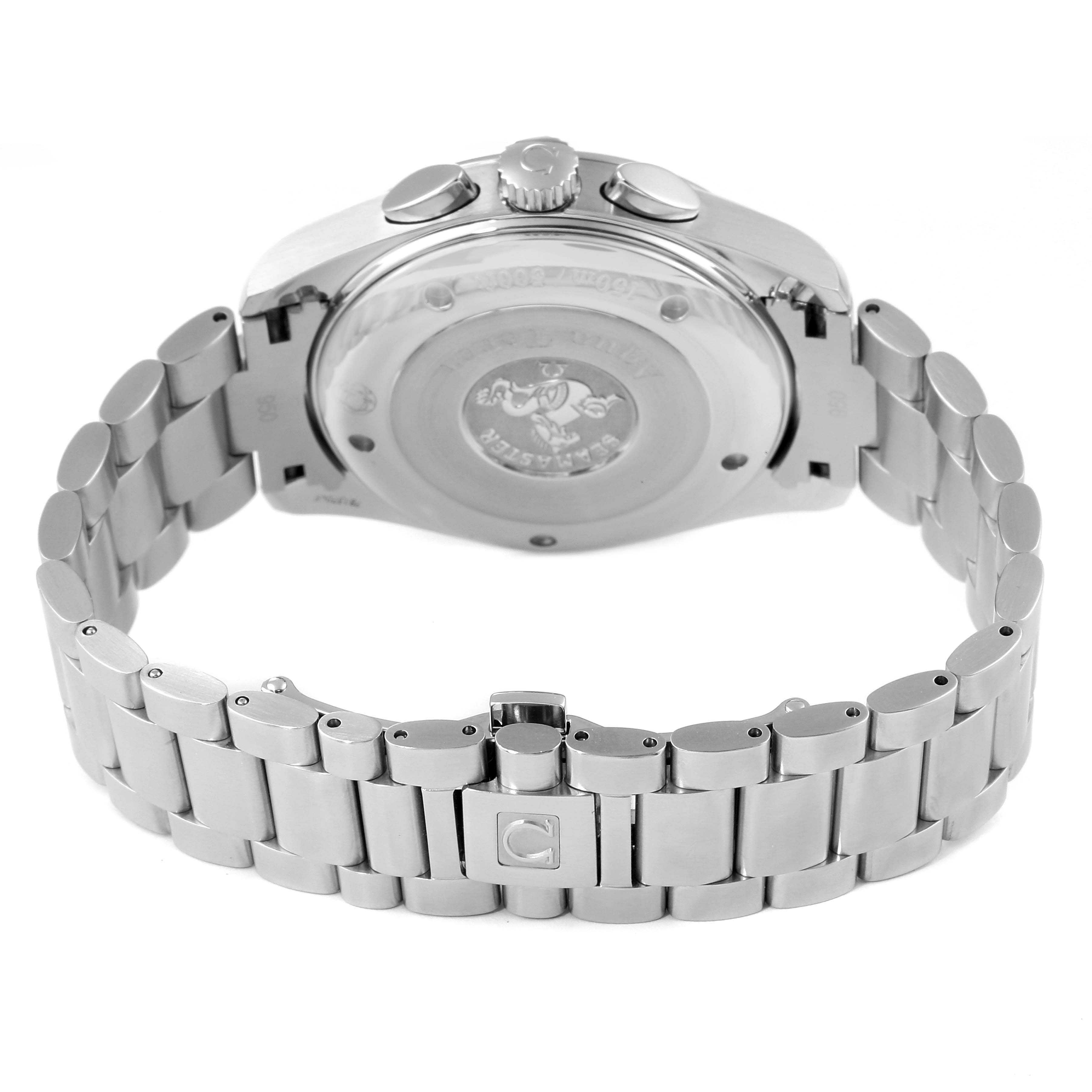 This image shows the rear view of the Omega Aqua Terra 2512.30.00 Men
s Stainless Steel Silver Dial 2512.30.00 Men
s Stainless Steel Silver Dial watch, highlighting the back case and the metal bracelet with the clasp.