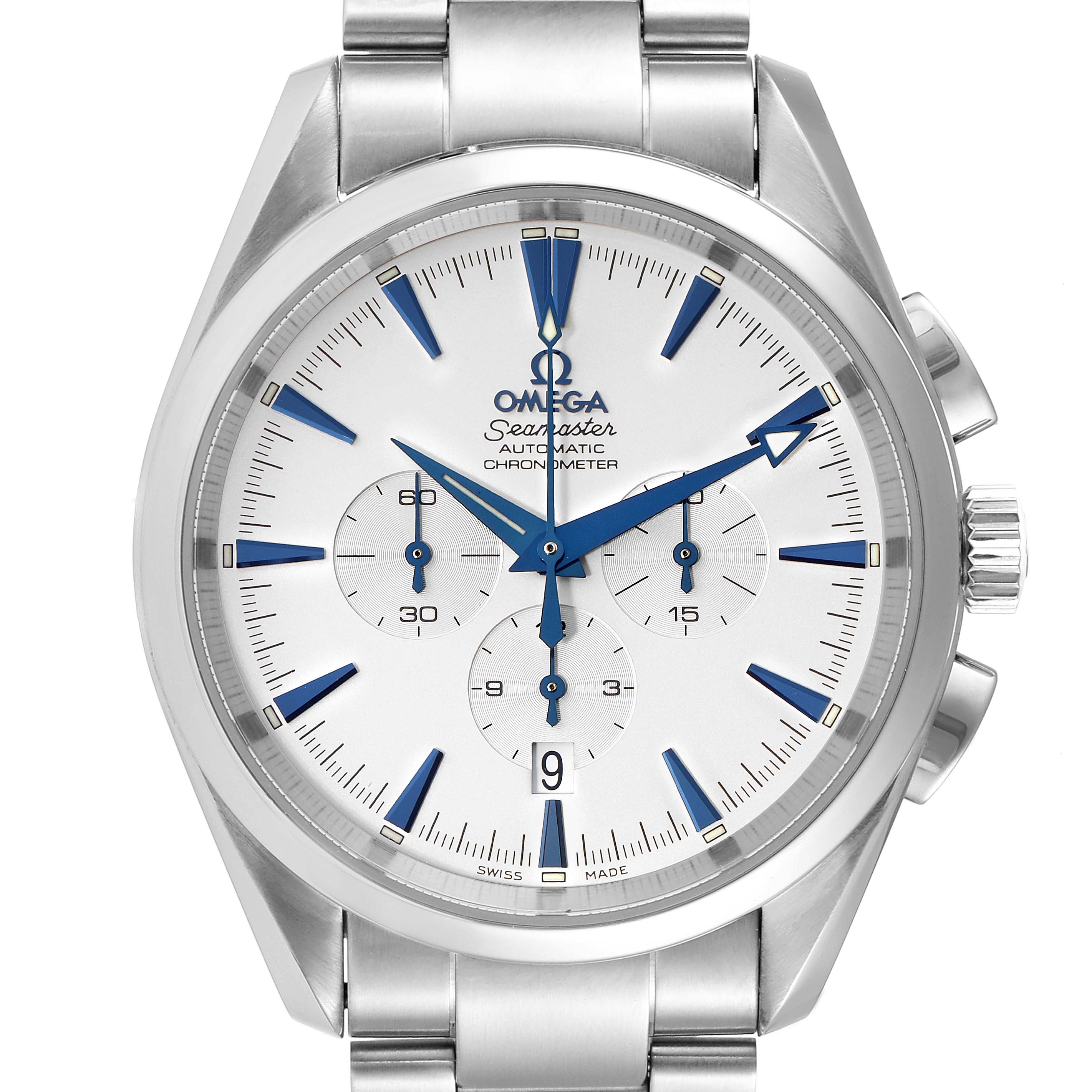 The image shows a front view of the Omega Aqua Terra 2512.30.00 Men
s Stainless Steel Silver Dial 2512.30.00 Men
s Stainless Steel Silver Dial watch, showcasing the dial, hands, subdials, crown, and stainless steel bracelet.