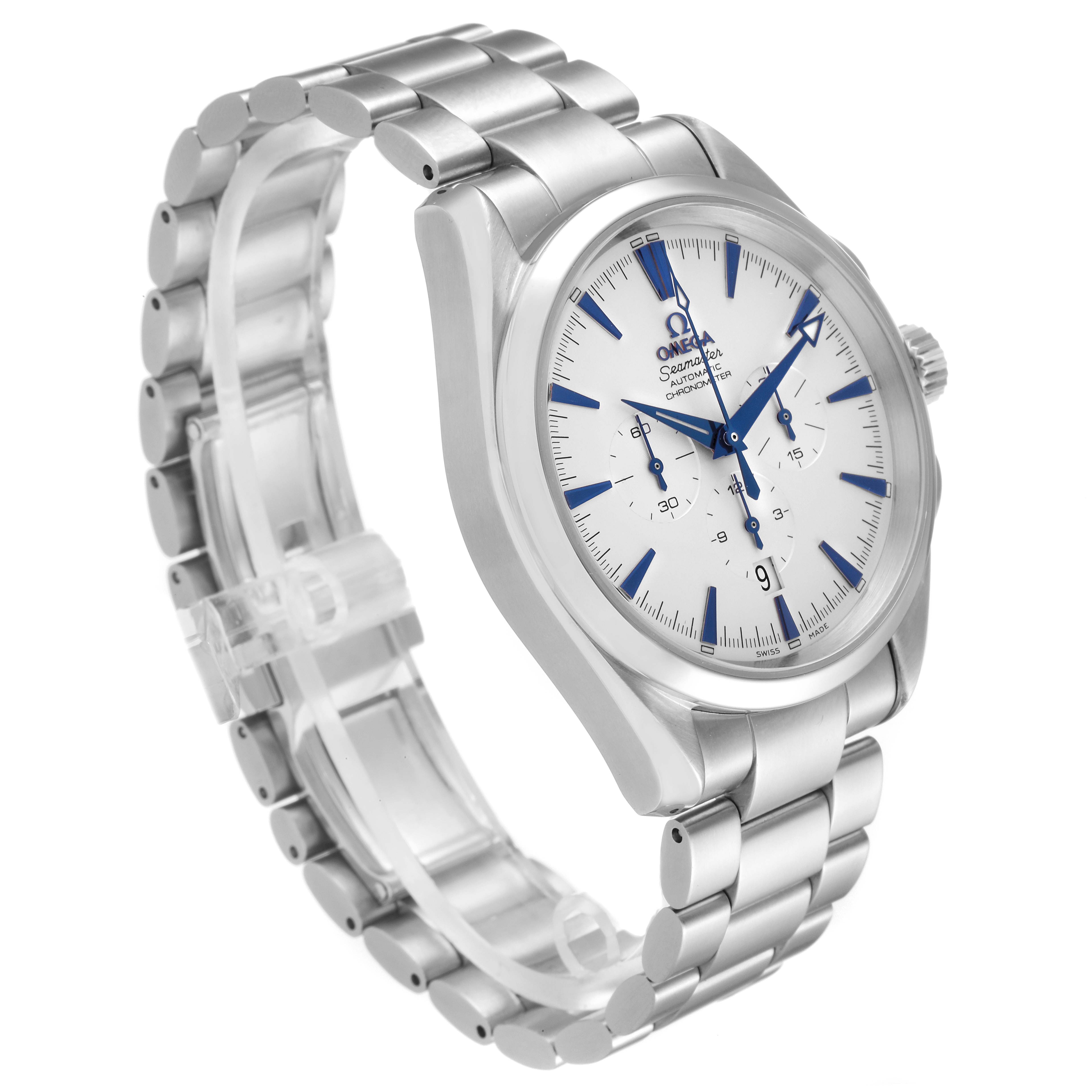 The Omega Aqua Terra 2512.30.00 Men
s Stainless Steel Silver Dial 2512.30.00 Men
s Stainless Steel Silver Dial watch is shown at a three-quarter view, displaying its dial, case, and bracelet.