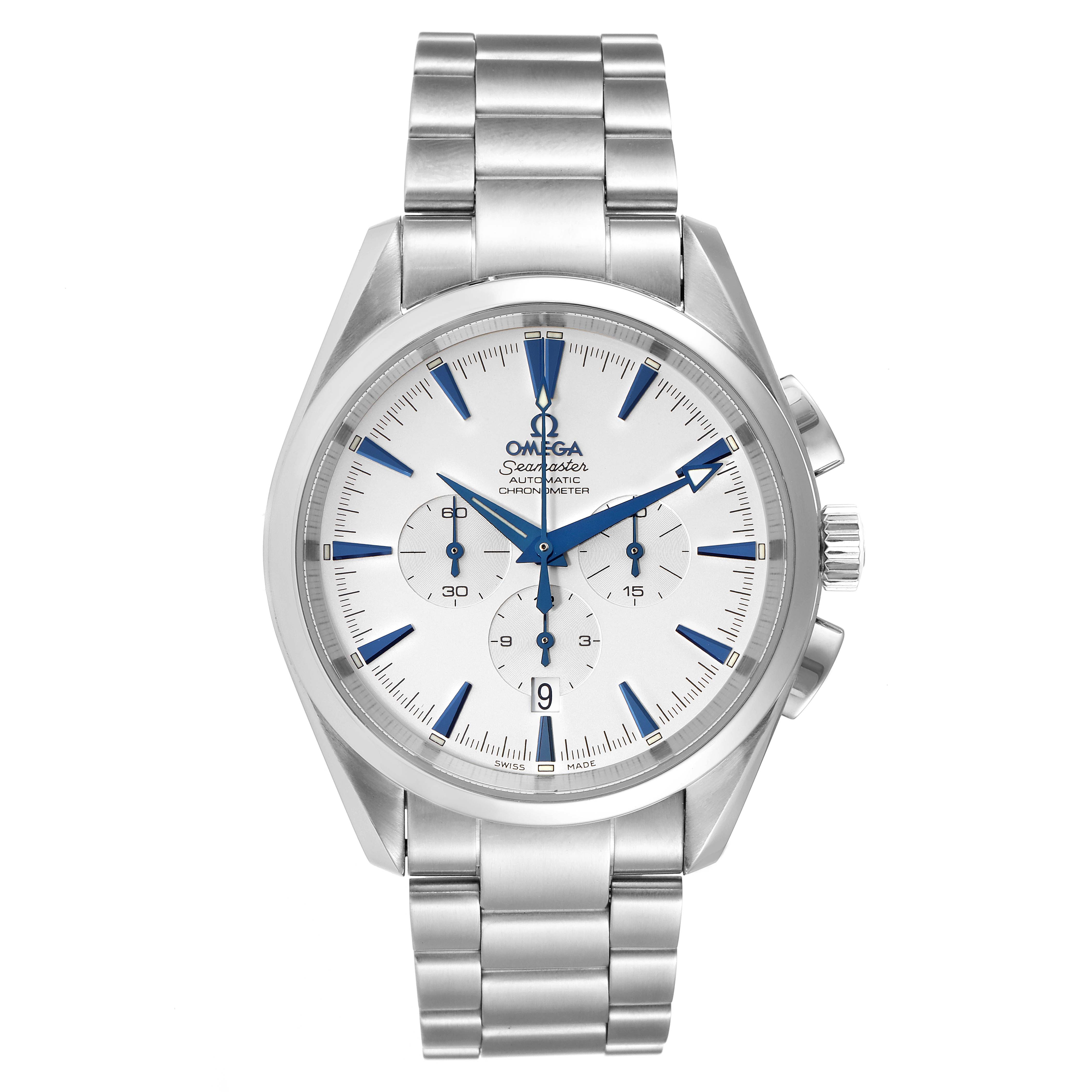 The image shows a front view of an Omega Aqua Terra 2512.30.00 Men
s Stainless Steel Silver Dial 2512.30.00 Men
s Stainless Steel Silver Dial watch, displaying its face, dial, hands, and metal bracelet.