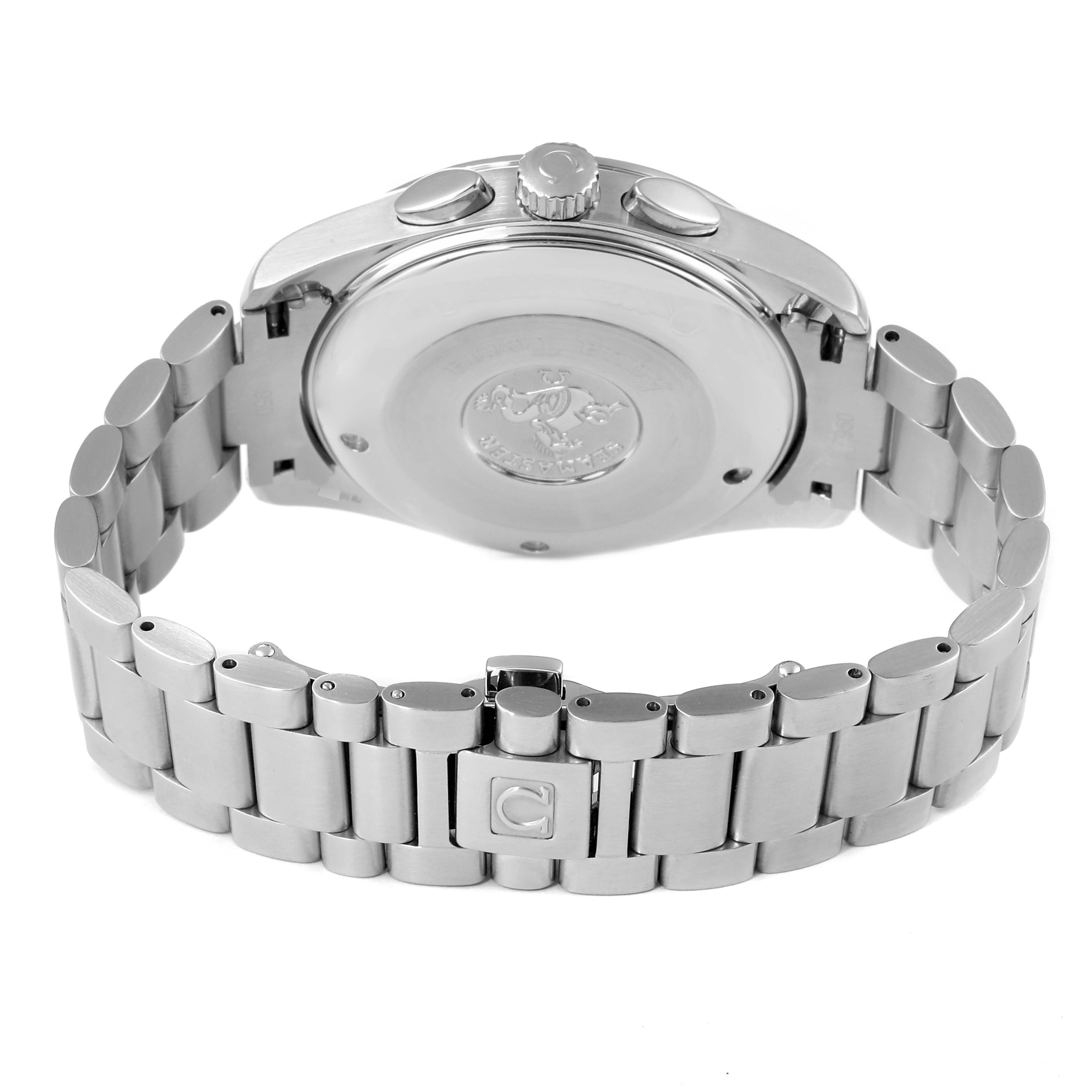 The image shows the back case and bracelet of an Omega Aqua Terra 2512.30.00 Men
s Stainless Steel Silver Dial 2512.30.00 Men
s Stainless Steel Silver Dial watch from a rear angle.