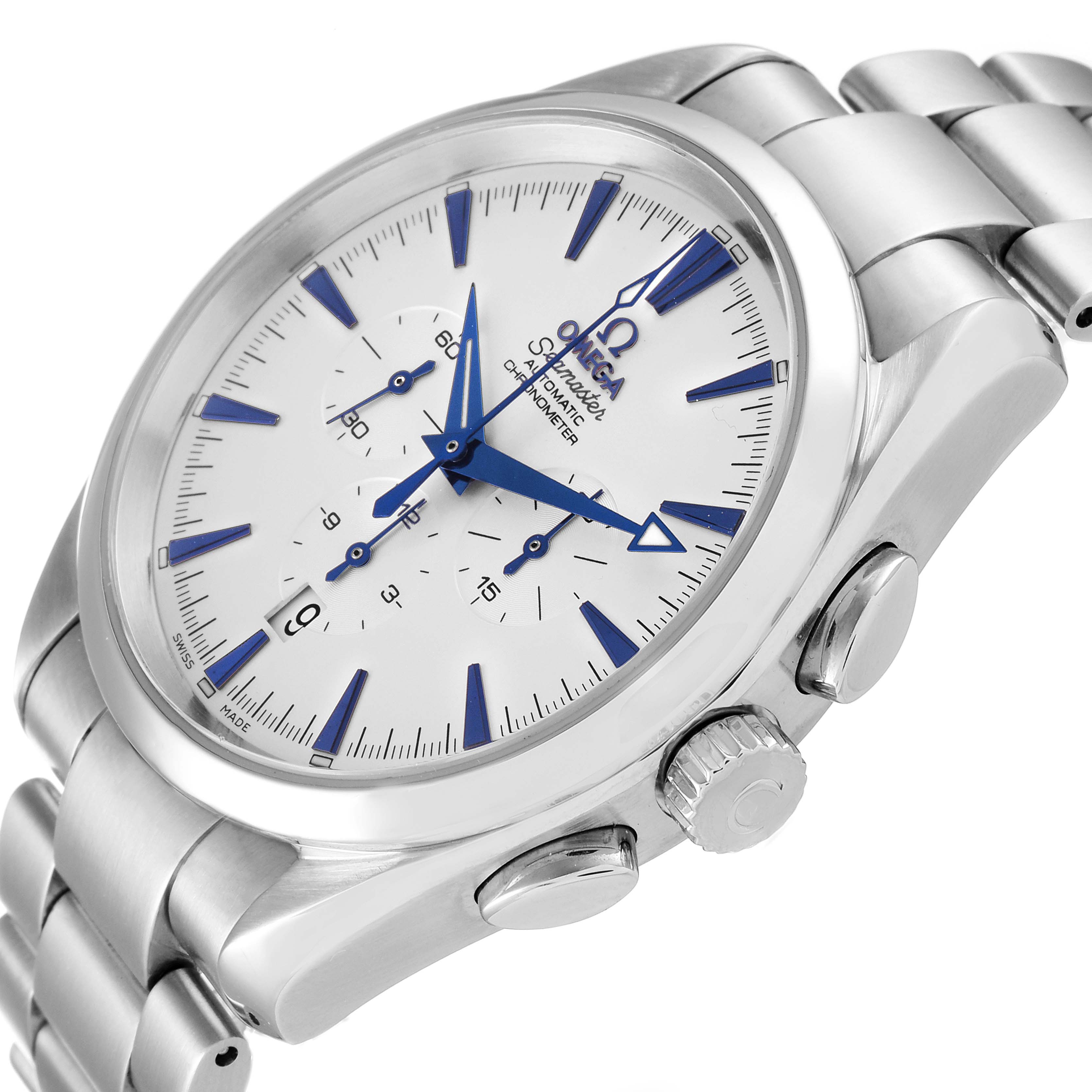 The image shows a side angle of the Omega Aqua Terra 2512.30.00 Men
s Stainless Steel Silver Dial 2512.30.00 Men
s Stainless Steel Silver Dial watch, highlighting the crown, pushers, and part of the bracelet.