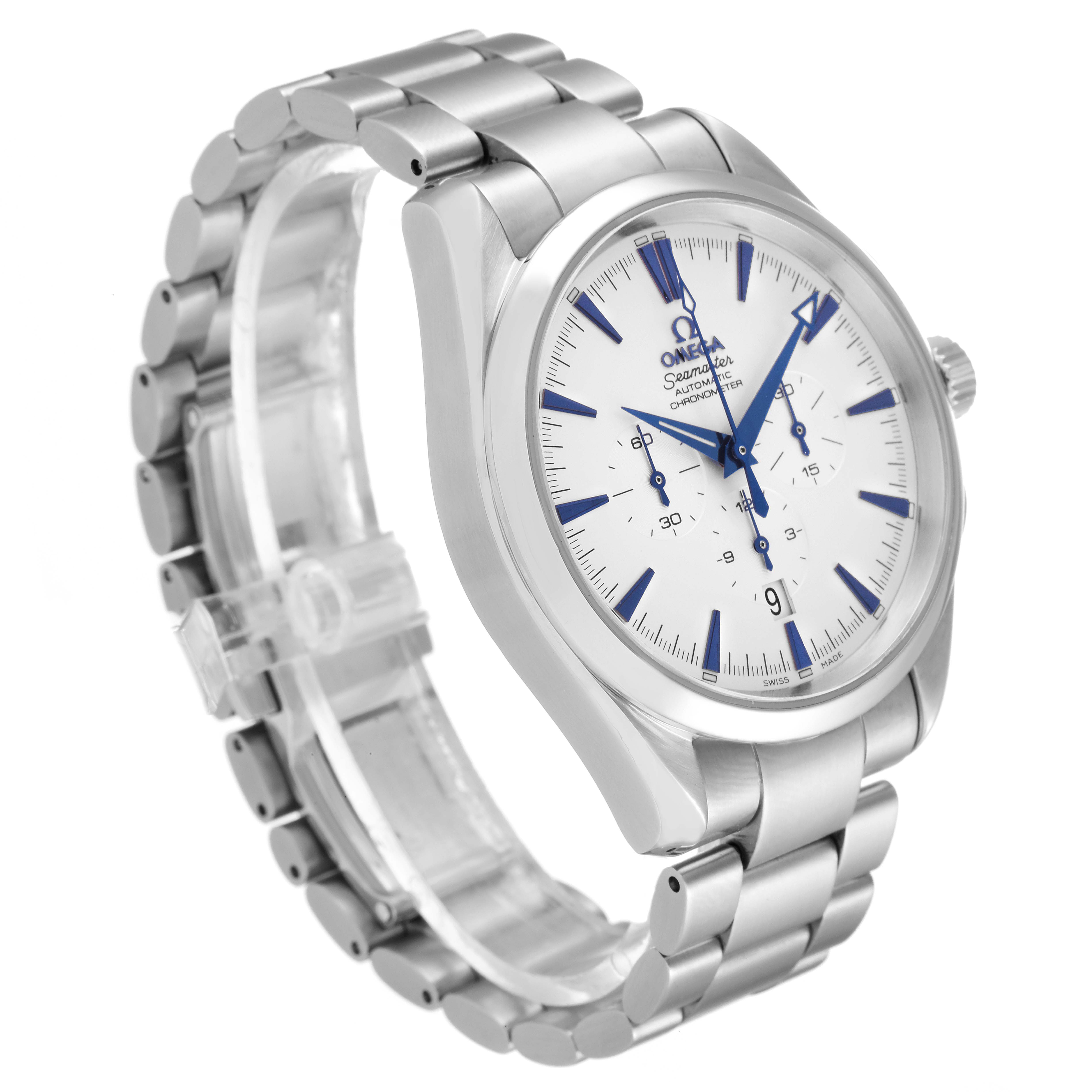 The Omega Aqua Terra 2512.30.00 Men
s Stainless Steel Silver Dial 2512.30.00 Men
s Stainless Steel Silver Dial watch is shown at an angle highlighting its face, bezel, crown, and metal bracelet.