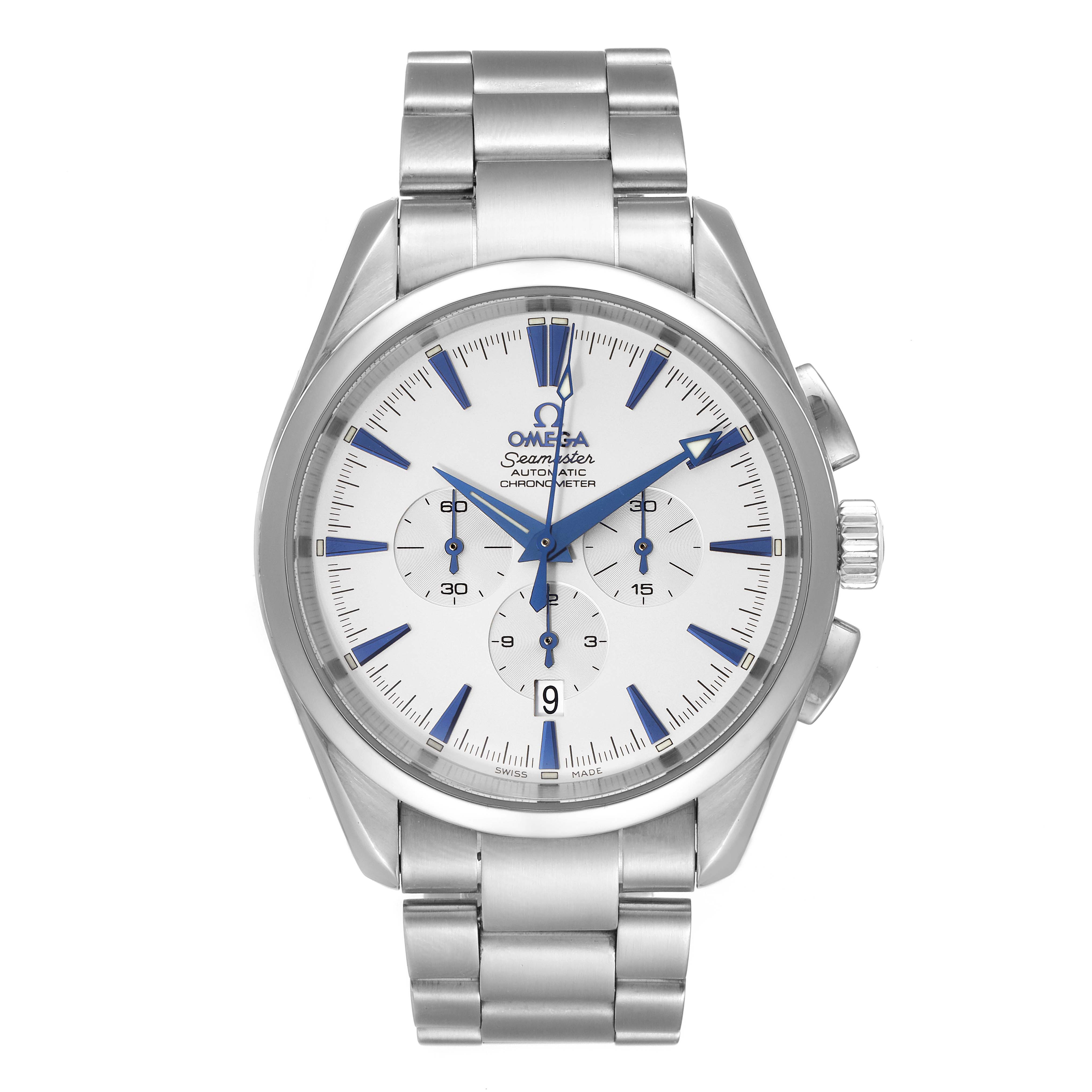 This image shows a frontal view of the Omega Aqua Terra 2512.30.00 Men
s Stainless Steel Silver Dial 2512.30.00 Men
s Stainless Steel Silver Dial watch, displaying the dial, hands, subdials, bracelet, and crown.
