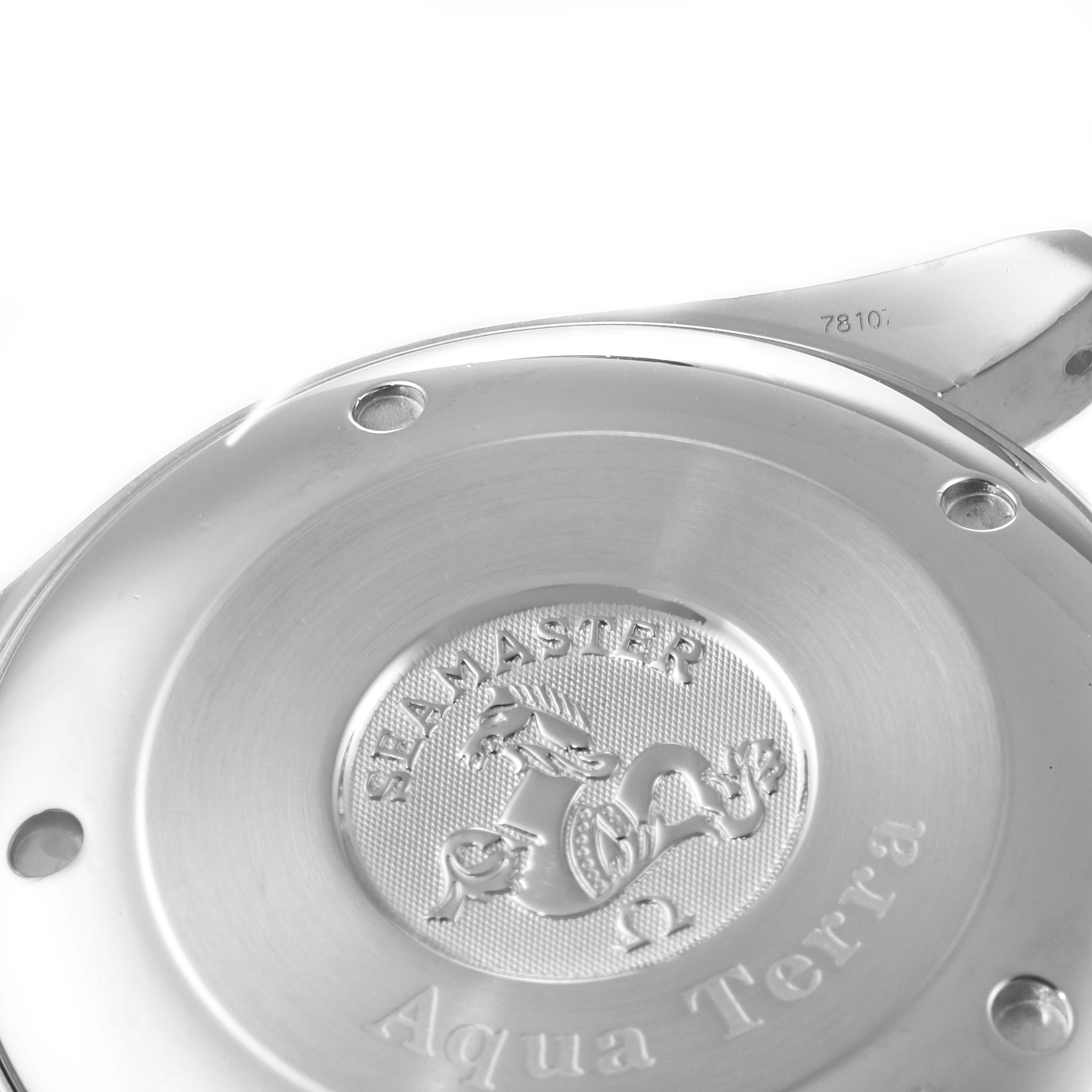 This is an angled close-up shot of the Omega Aqua Terra 2512.30.00 Men
s Stainless Steel Silver Dial 2512.30.00 Men
s Stainless Steel Silver Dial watch
s case back.