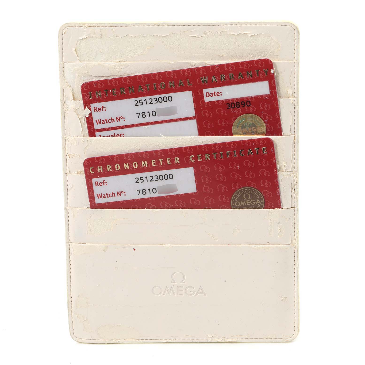 This image shows the international warranty and chronometer certificate cards for the Omega Aqua Terra 2512.30.00 Men
s Stainless Steel Silver Dial 2512.30.00 Men
s Stainless Steel Silver Dial model.