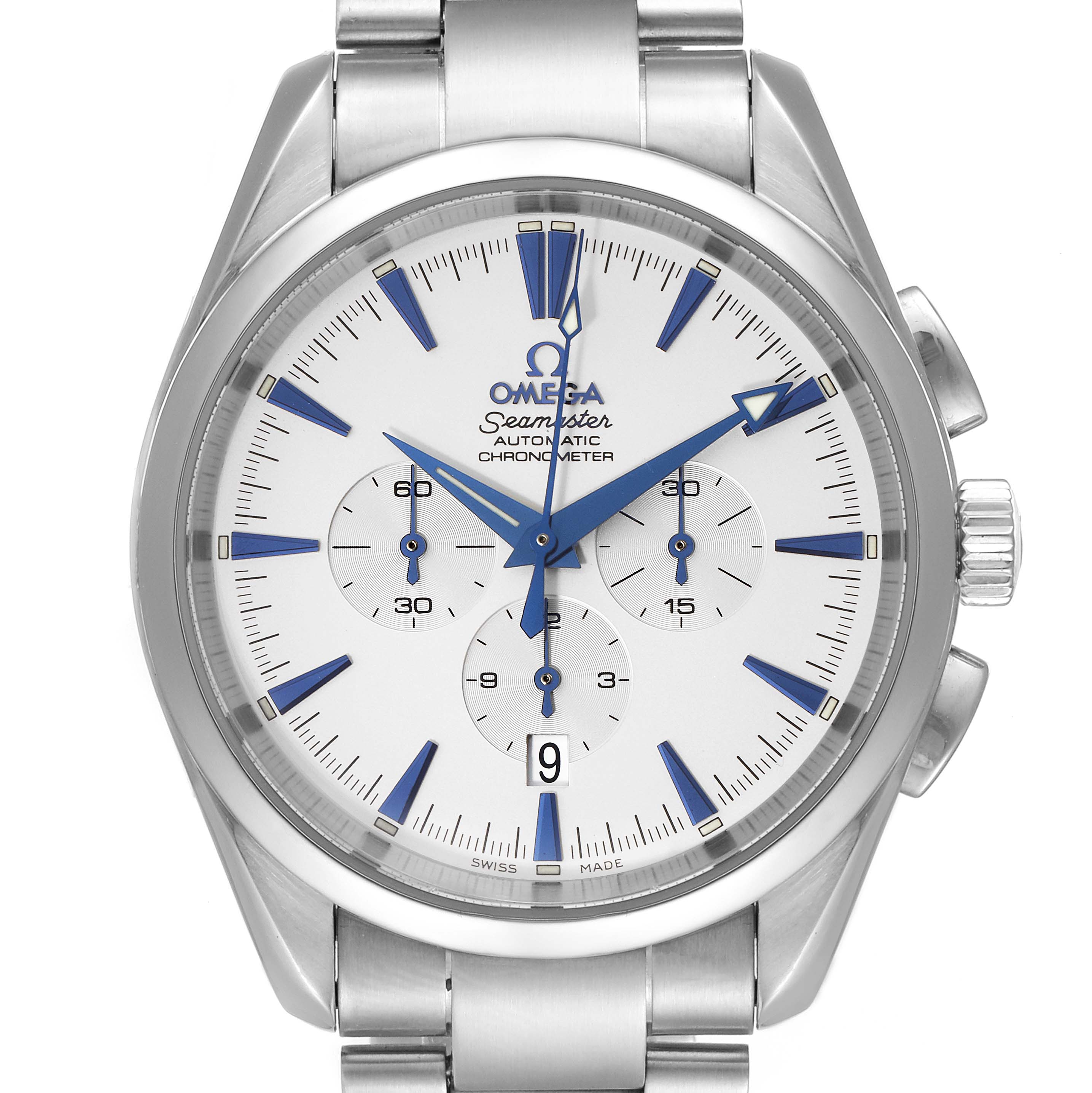 The image shows a frontal view of the Omega Aqua Terra 2512.30.00 Men
s Stainless Steel Silver Dial 2512.30.00 Men
s Stainless Steel Silver Dial watch with visible face, hands, sub-dials, and parts of the metal bracelet.