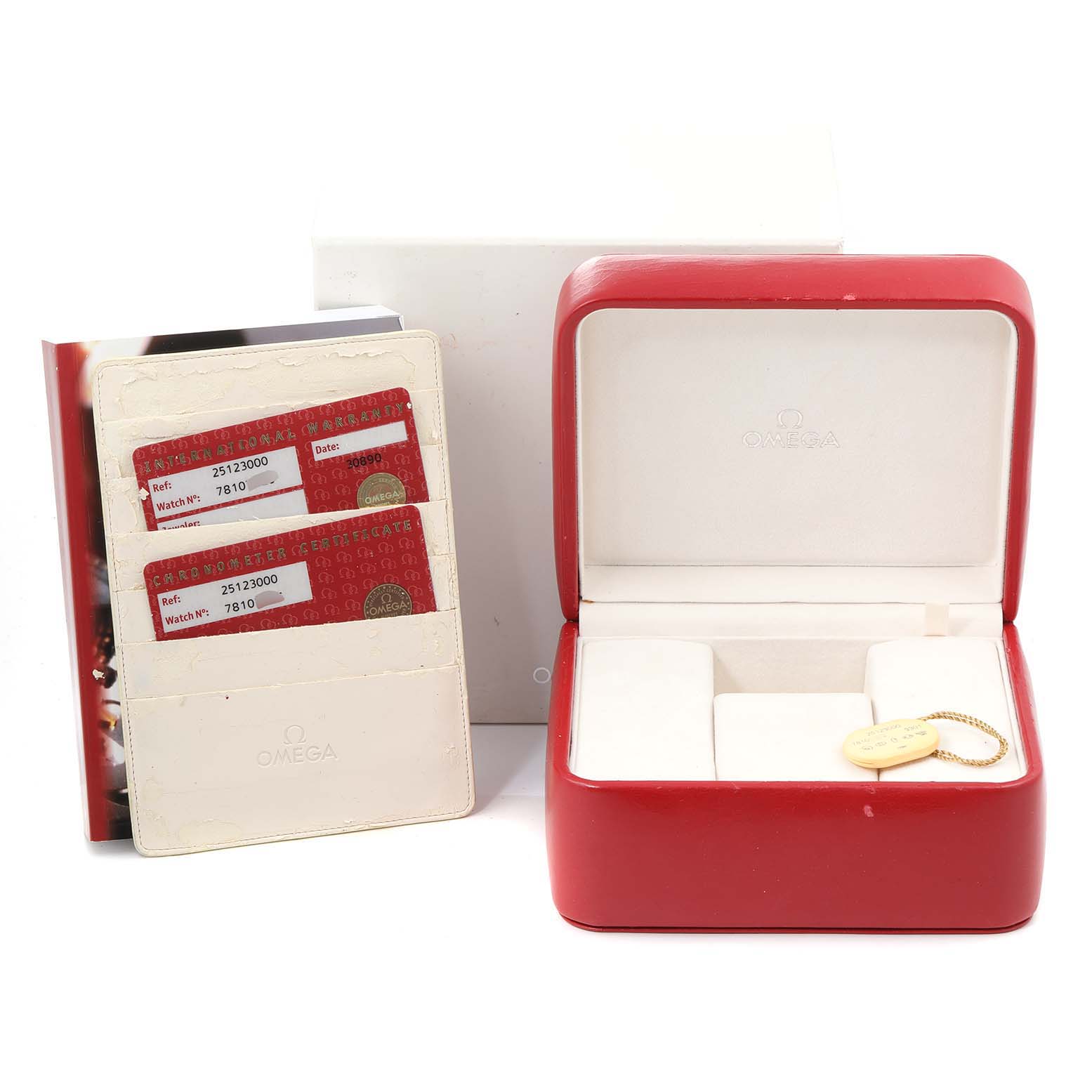 The image shows the Omega Aqua Terra 2512.30.00 Men
s Stainless Steel Silver Dial 2512.30.00 Men
s Stainless Steel Silver Dial watch
s packaging, including the red watch box, warranty cards, and a storage booklet.