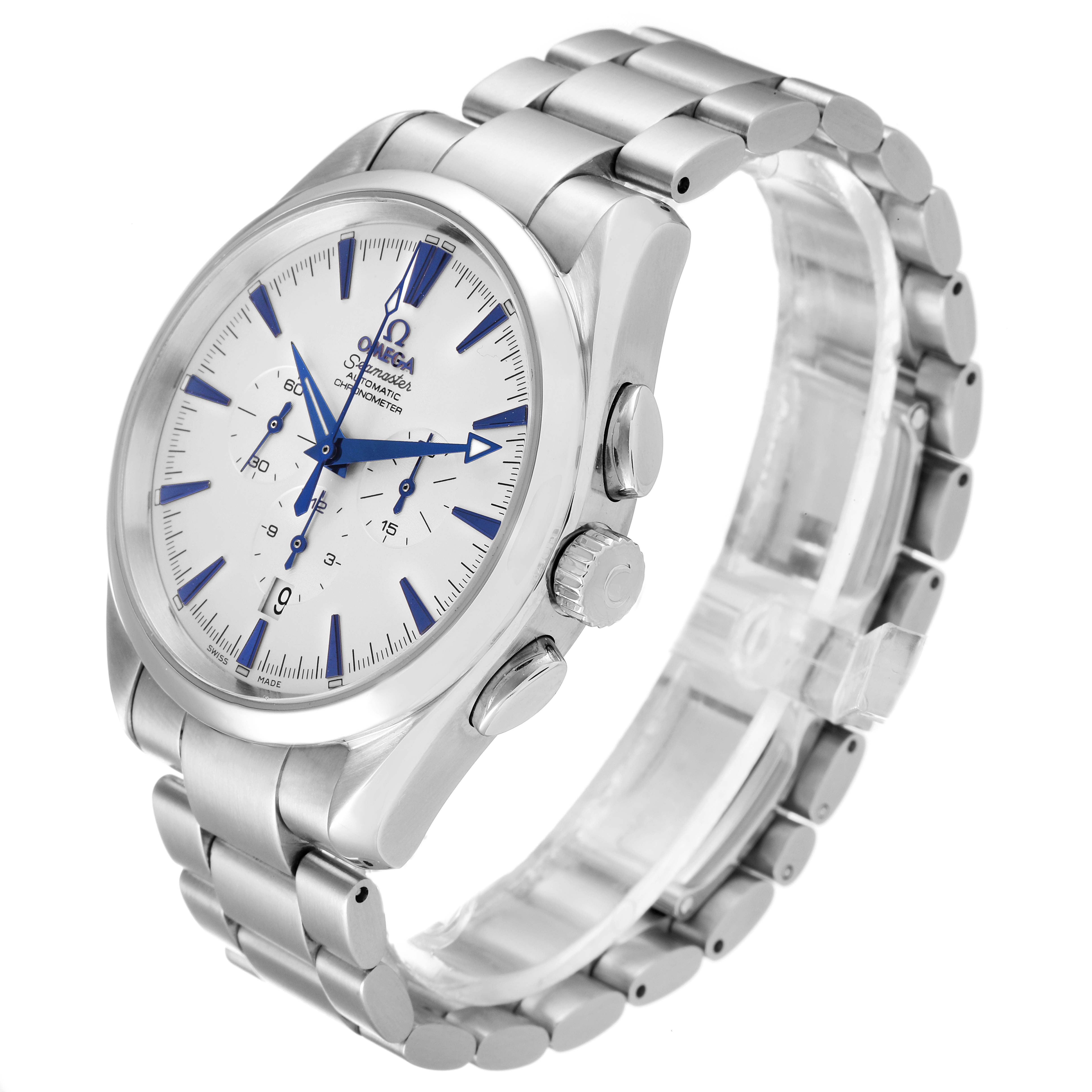 The image shows an Omega Aqua Terra 2512.30.00 Men
s Stainless Steel Silver Dial 2512.30.00 Men
s Stainless Steel Silver Dial watch at a 3/4 angle, highlighting the face, crown, pushers, and metal bracelet.