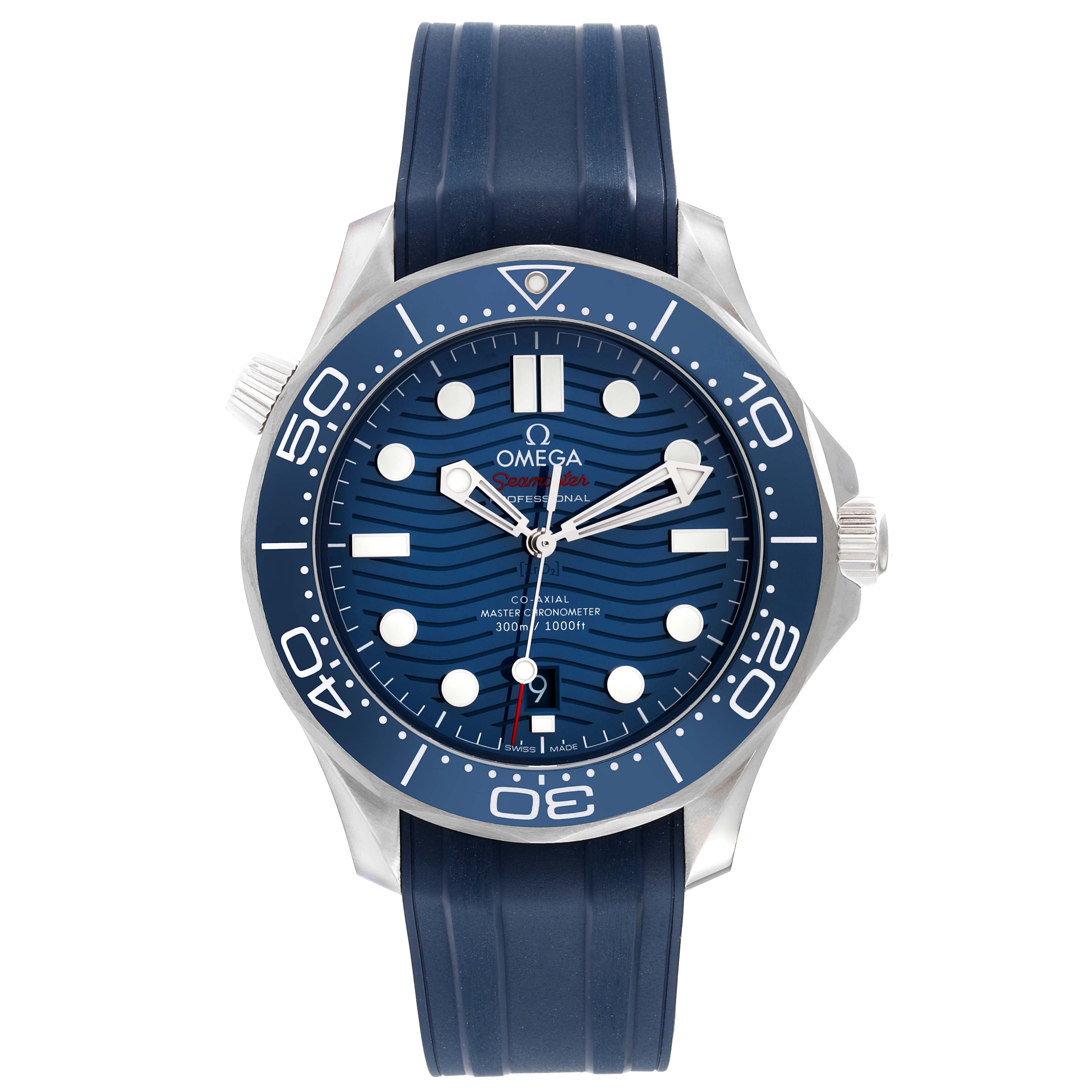 The image shows a frontal view of the Omega Seamaster 210.32.42.20.03.001 Men
s Stainless Steel Blue Dial 210.32.42.20.03.001 Men
s Stainless Steel Blue Dial watch, highlighting the dial, bezel, and rubber strap.