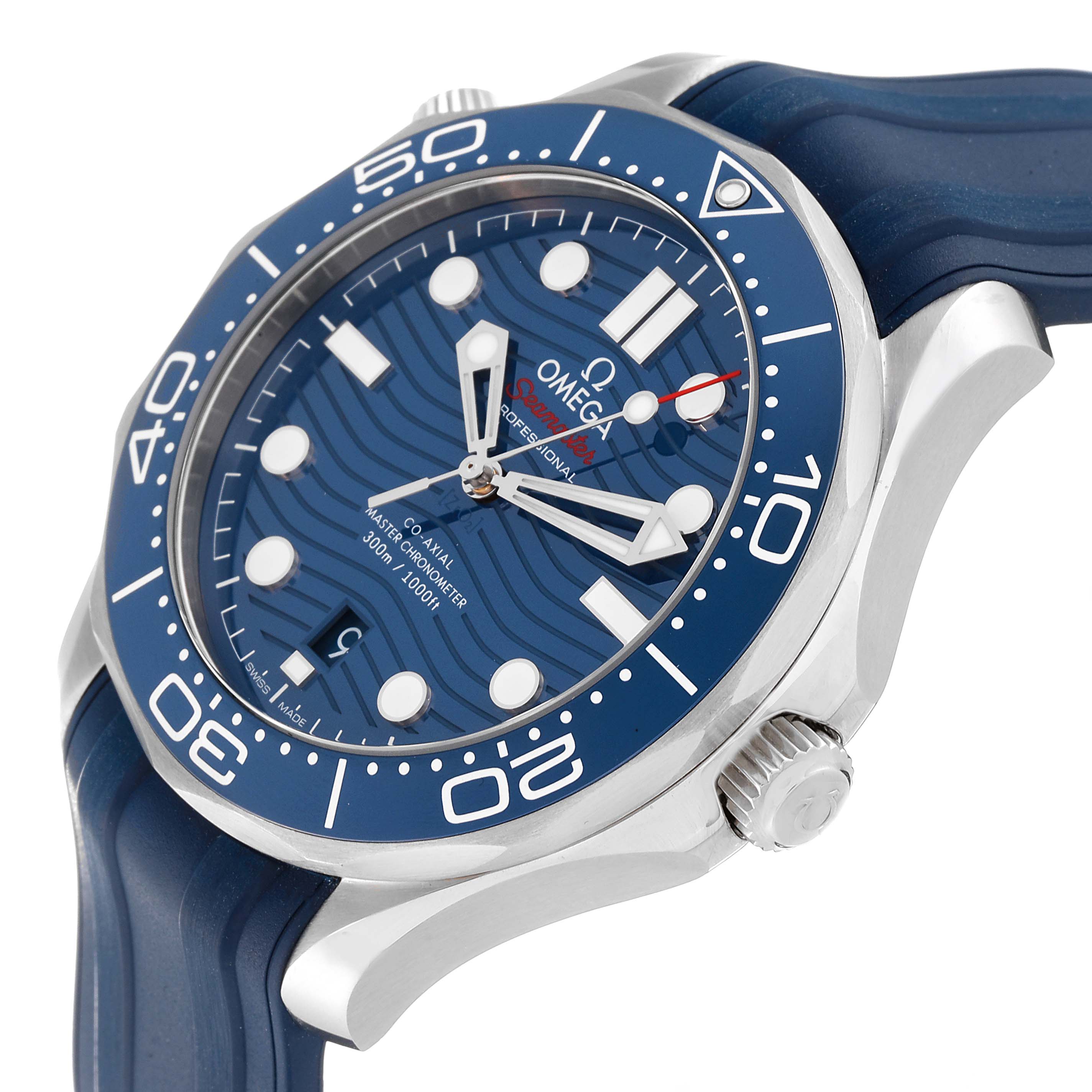 The image shows a close-up side angle of the blue Omega Seamaster 210.32.42.20.03.001 Men
s Stainless Steel Blue Dial 210.32.42.20.03.001 Men
s Stainless Steel Blue Dial watch, highlighting the dial, bezel, and crown.