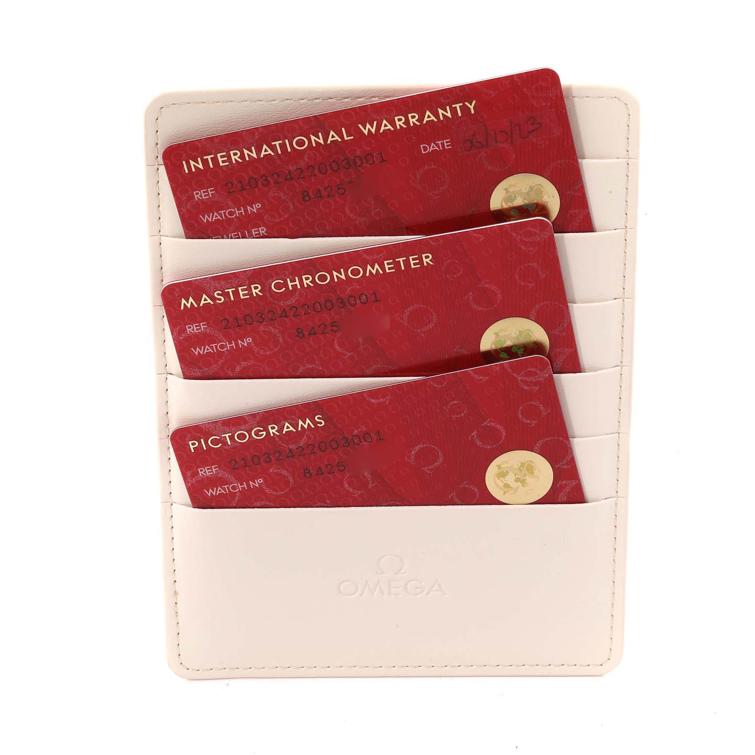 The image shows warranty and certification cards for an Omega Seamaster 210.32.42.20.03.001 Men
s Stainless Steel Blue Dial 210.32.42.20.03.001 Men
s Stainless Steel Blue Dial model in a white cardholder.