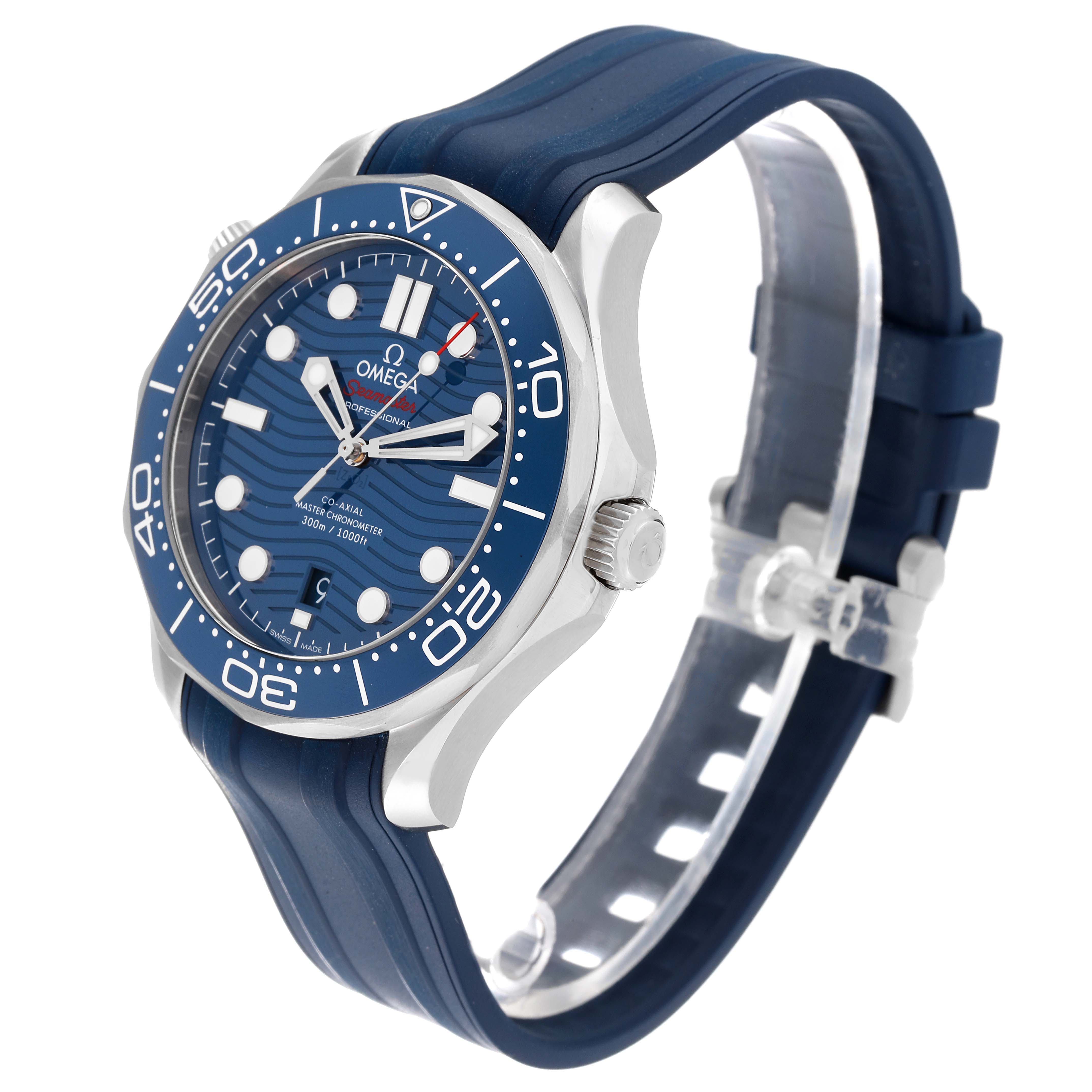 The Omega Seamaster 210.32.42.20.03.001 Men
s Stainless Steel Blue Dial 210.32.42.20.03.001 Men
s Stainless Steel Blue Dial watch is shown at a slight angle, featuring its blue dial, bezel, and rubber strap.