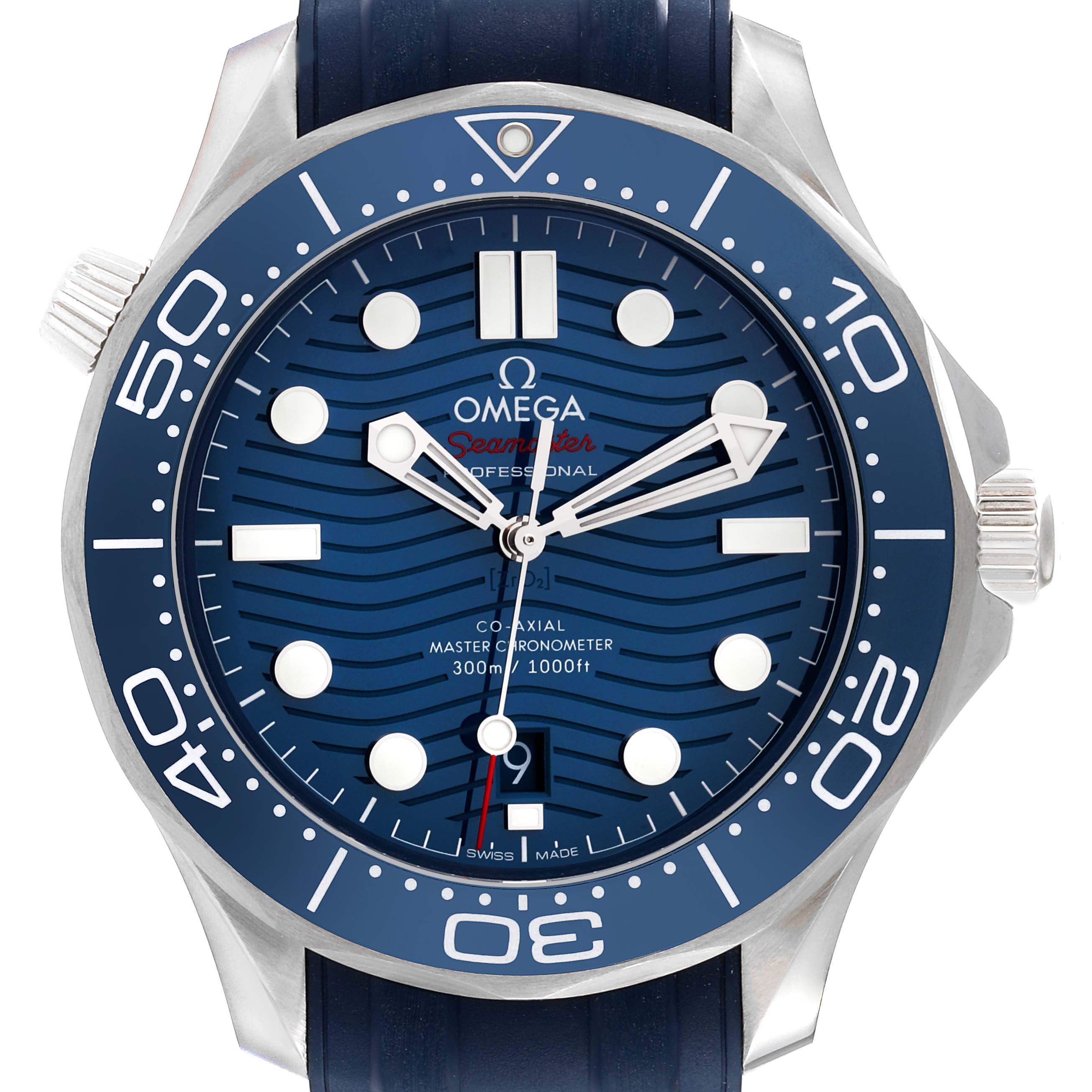 The image shows a front view of the Omega Seamaster 210.32.42.20.03.001 Men
s Stainless Steel Blue Dial 210.32.42.20.03.001 Men
s Stainless Steel Blue Dial watch, displaying the face, bezel, and part of the strap.