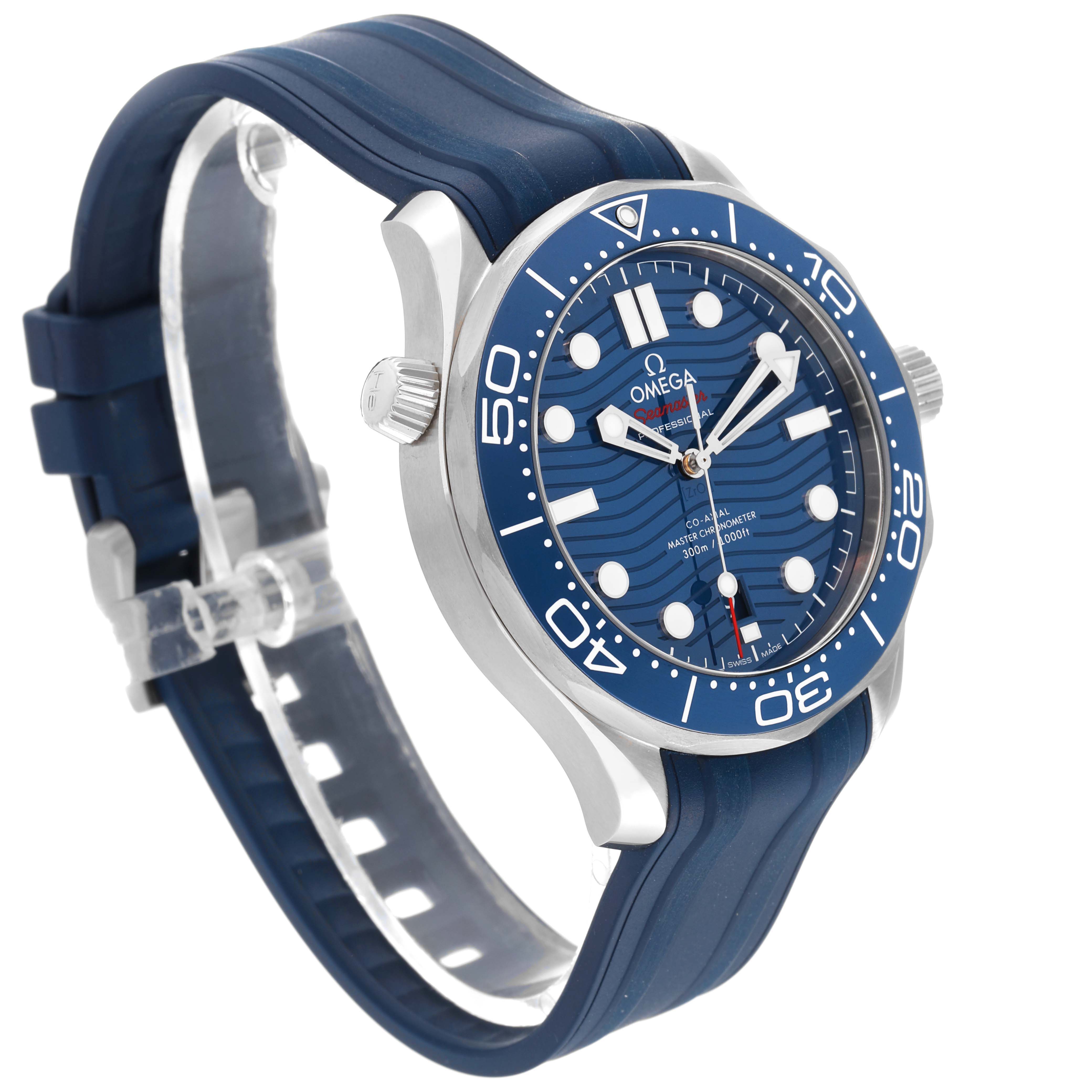 The Omega Seamaster 210.32.42.20.03.001 Men
s Stainless Steel Blue Dial 210.32.42.20.03.001 Men
s Stainless Steel Blue Dial watch is shown at a three-quarter angle, highlighting its blue dial, bezel, and rubber strap.