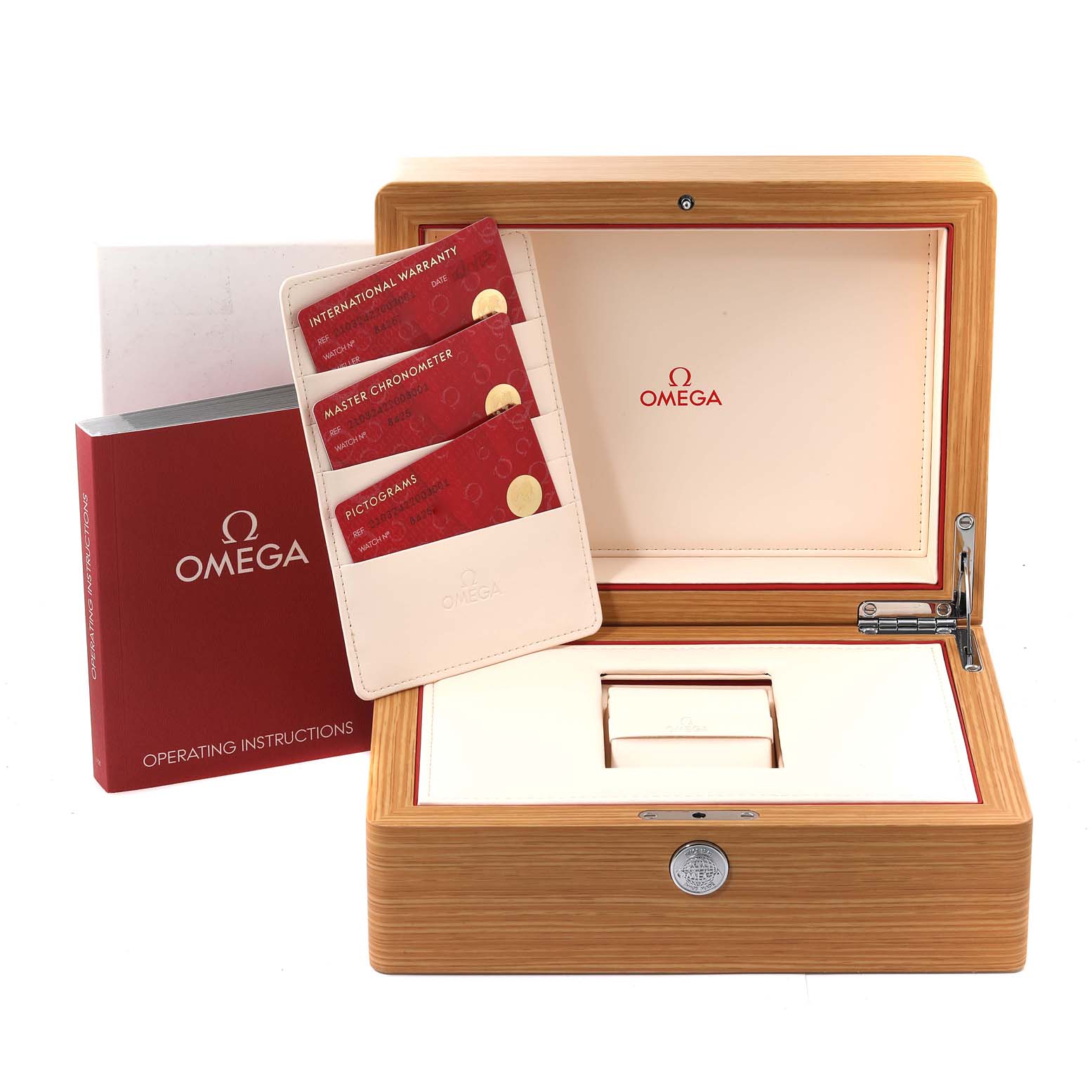 The image shows the opened wooden box and accessories of an Omega Seamaster 210.32.42.20.03.001 Men
s Stainless Steel Blue Dial 210.32.42.20.03.001 Men
s Stainless Steel Blue Dial, including warranty cards and an operating instructions booklet.