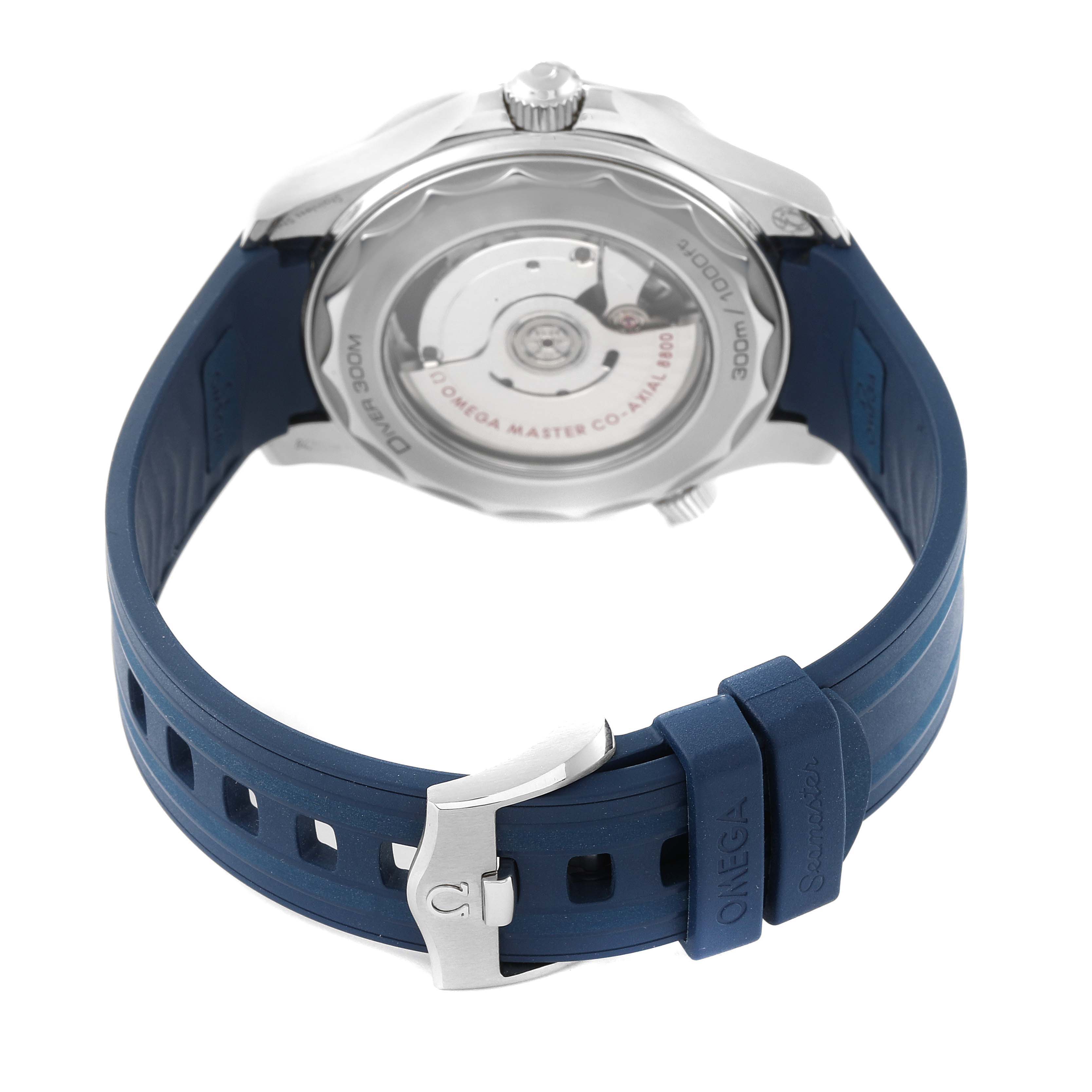The image shows the back view of an Omega Seamaster 210.32.42.20.03.001 Men
s Stainless Steel Blue Dial 210.32.42.20.03.001 Men
s Stainless Steel Blue Dial watch featuring its transparent caseback and blue rubber strap with buckle.
