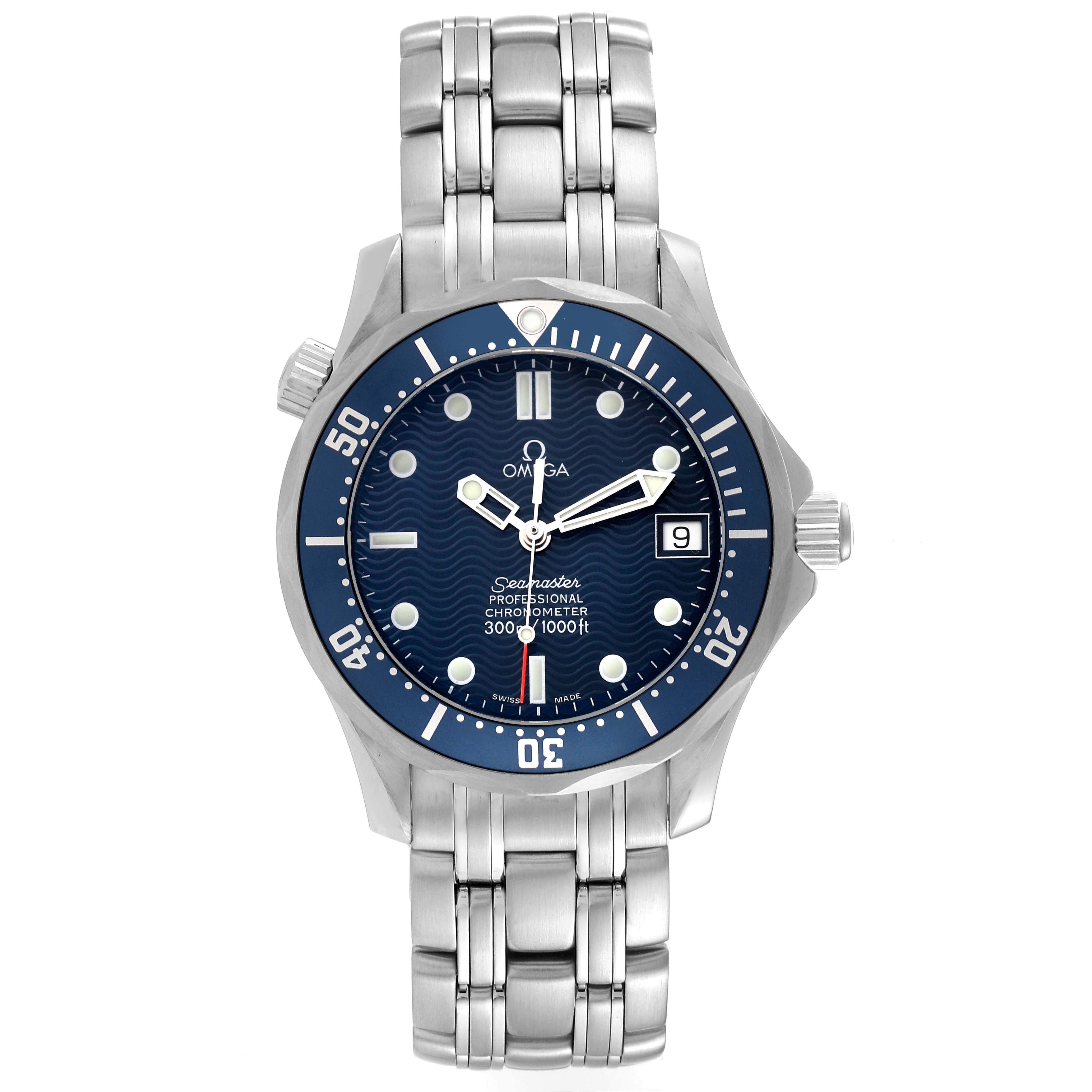 The image shows a front view of the Omega Seamaster 2551.80.00 Men
s Stainless Steel Blue Dial 2551.80.00 Men
s Stainless Steel Blue Dial watch, displaying its dial, bezel, bracelet, and crown.