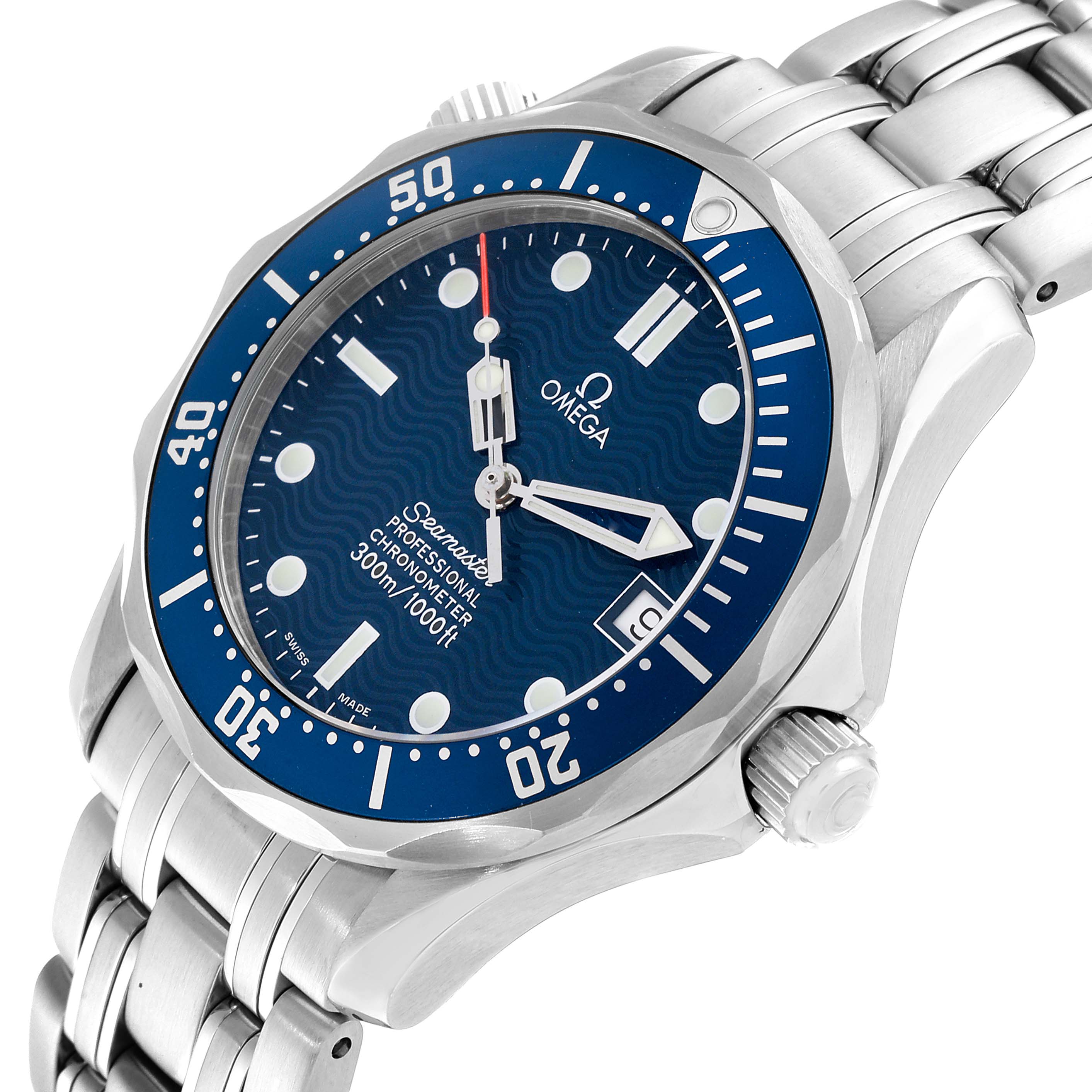 The Omega Seamaster 2551.80.00 Men
s Stainless Steel Blue Dial 2551.80.00 Men
s Stainless Steel Blue Dial watch is shown at a slight angle, displaying the bezel, dial, hands, date window, and part of the bracelet.