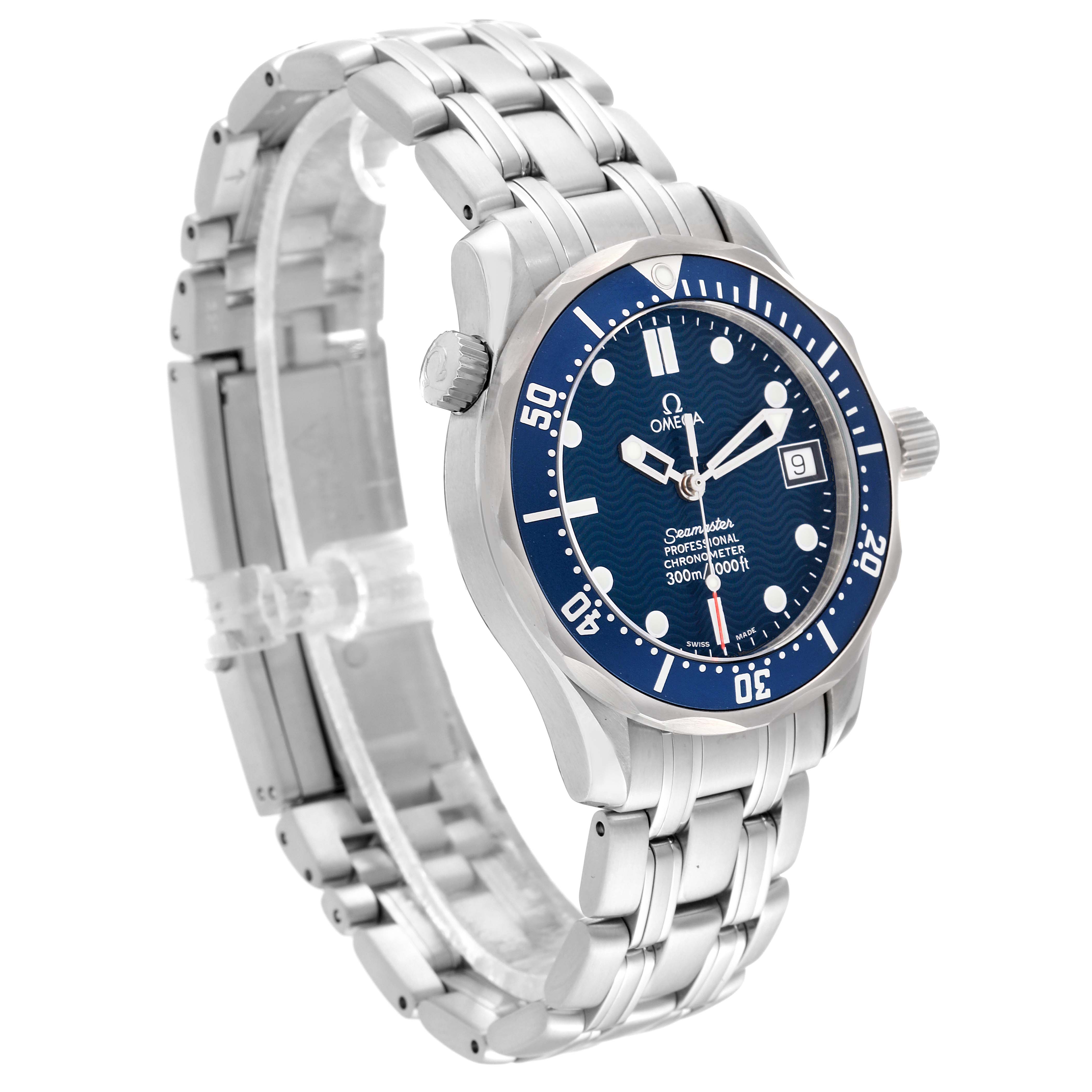 This Omega Seamaster 2551.80.00 Men
s Stainless Steel Blue Dial 2551.80.00 Men
s Stainless Steel Blue Dial watch is shown at a three-quarter angle, displaying its blue dial, bezel, crown, and stainless steel bracelet.