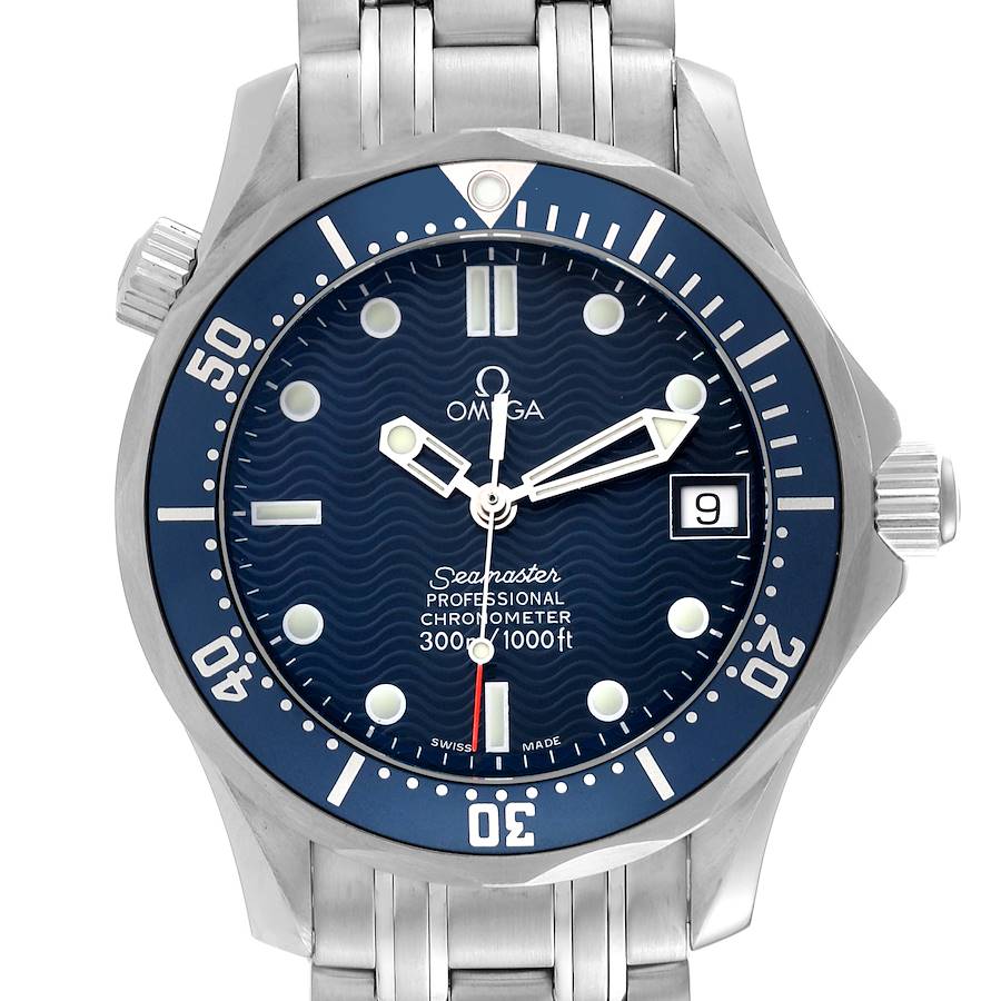 The image shows a front view of the Omega Seamaster watch, highlighting the dial, bezel, markers, hands, and bracelet.