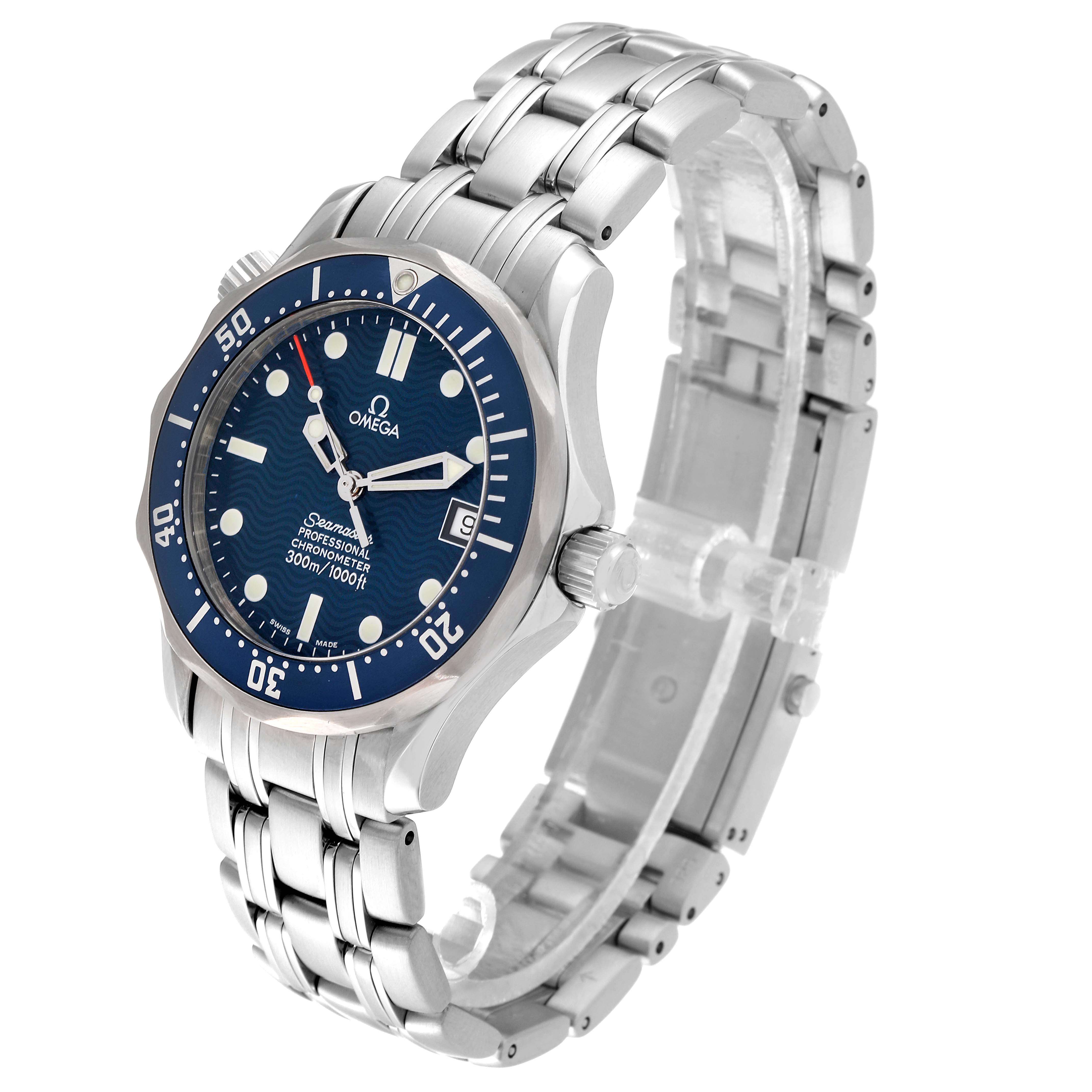 The Omega Seamaster 2551.80.00 Men
s Stainless Steel Blue Dial 2551.80.00 Men
s Stainless Steel Blue Dial watch is shown at a front angle, displaying the face, bezel, crown, and stainless steel bracelet.