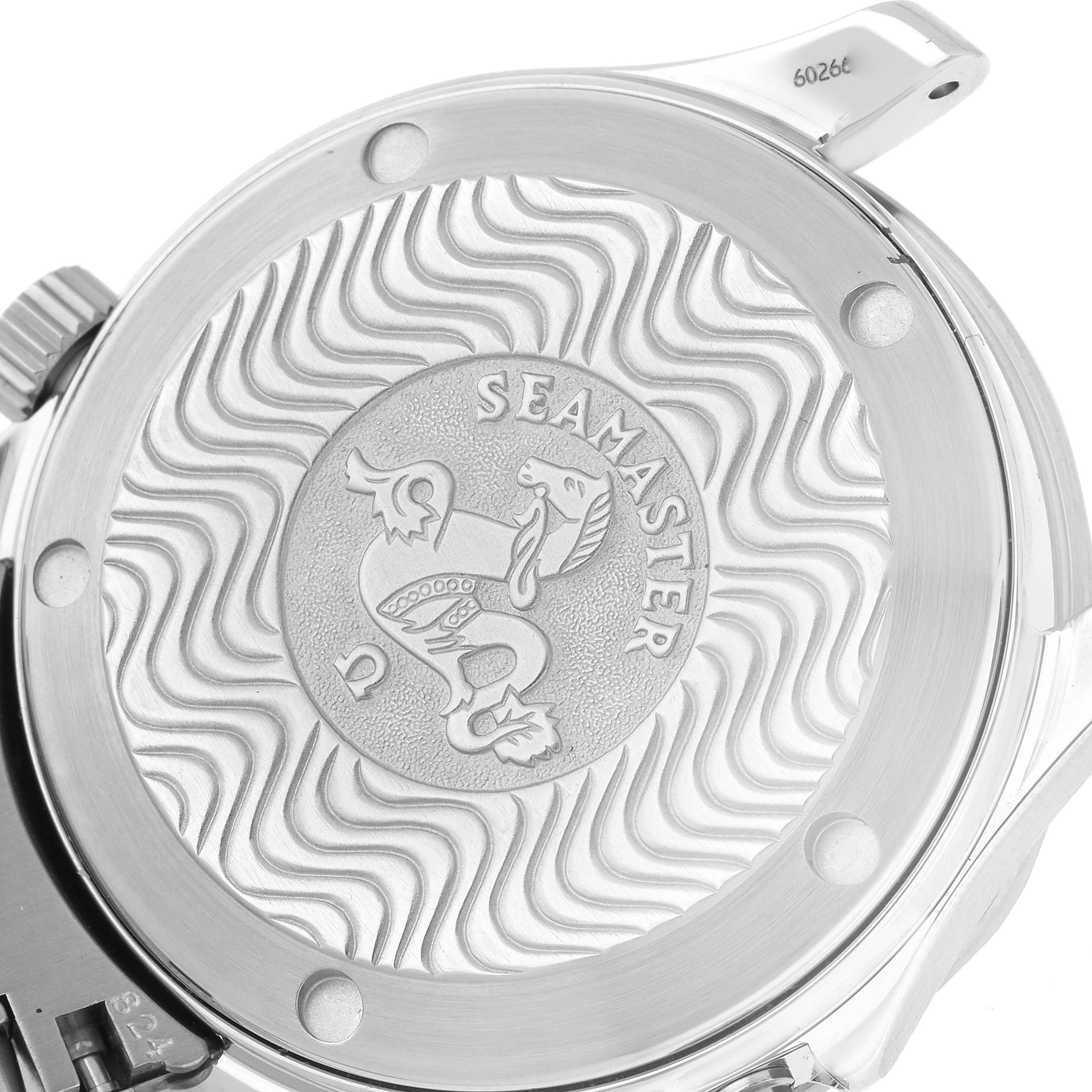 The image shows the back case of an Omega Seamaster 2551.80.00 Men
s Stainless Steel Blue Dial 2551.80.00 Men
s Stainless Steel Blue Dial watch at a close-up angle.