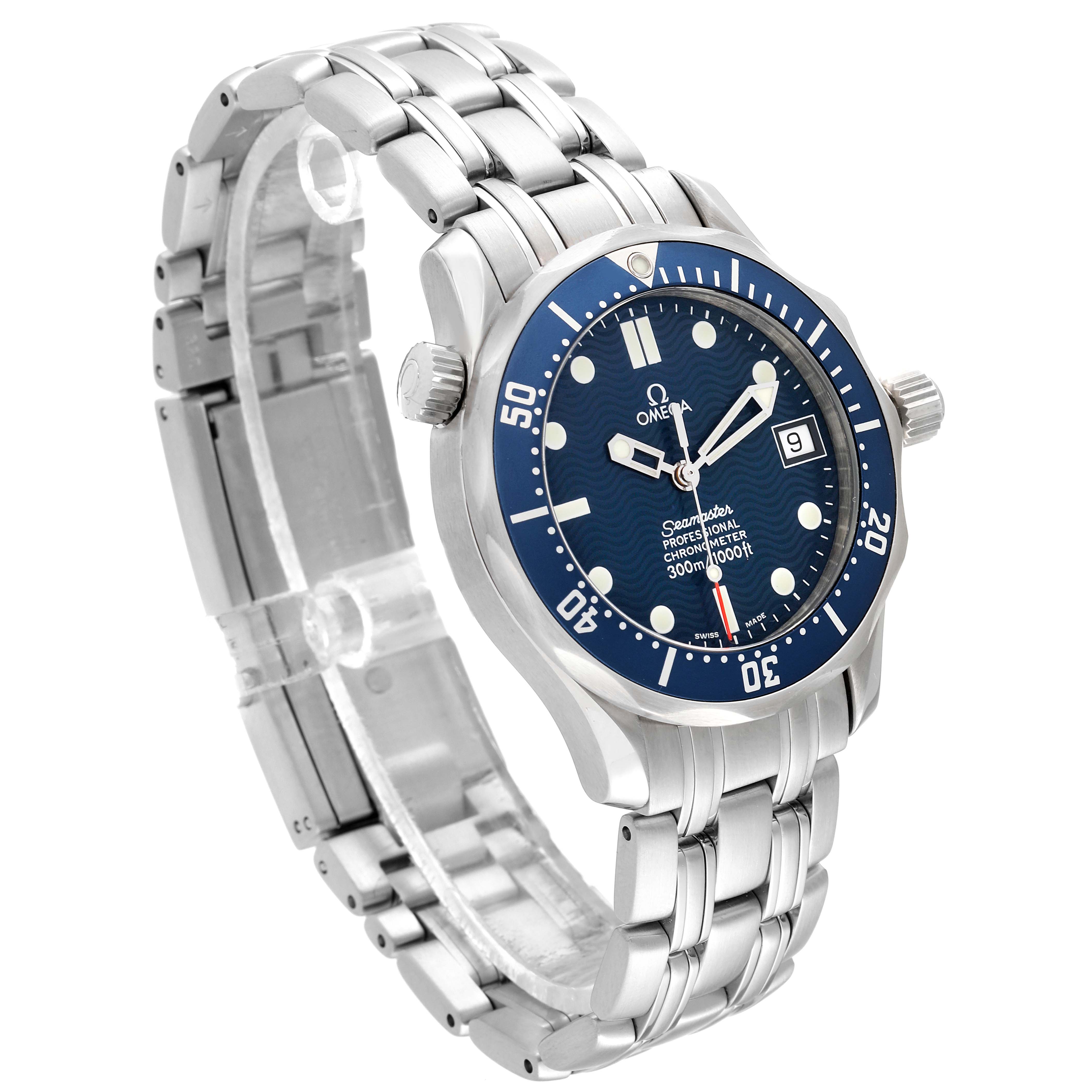 This Omega Seamaster 2551.80.00 Men
s Stainless Steel Blue Dial 2551.80.00 Men
s Stainless Steel Blue Dial watch is shown at an angled view, highlighting the face, bezel, crown, and bracelet.