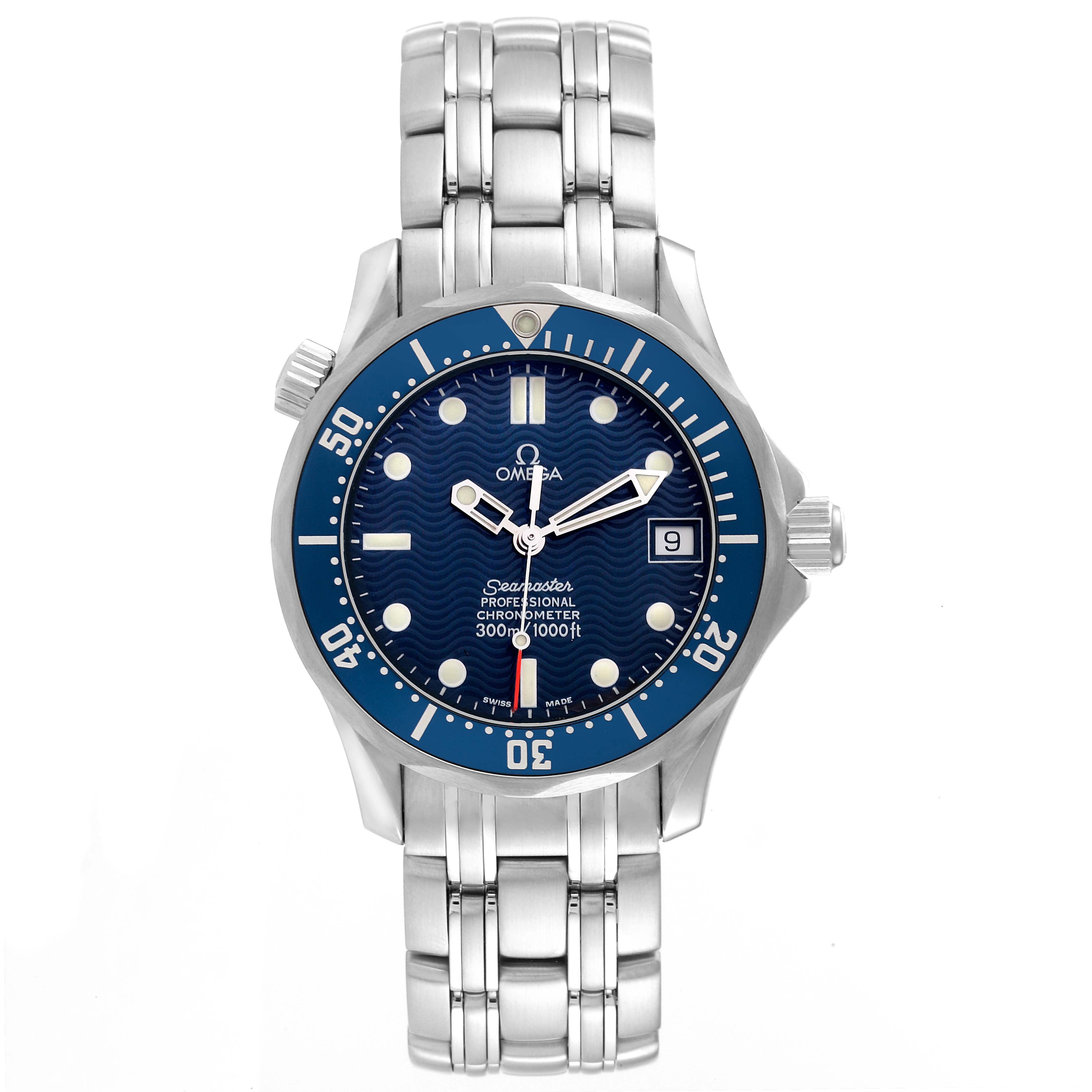 The Omega Seamaster 2551.80.00 Men
s Stainless Steel Blue Dial 2551.80.00 Men
s Stainless Steel Blue Dial watch is shown from a front view, displaying its face, bracelet, bezel, and crown.