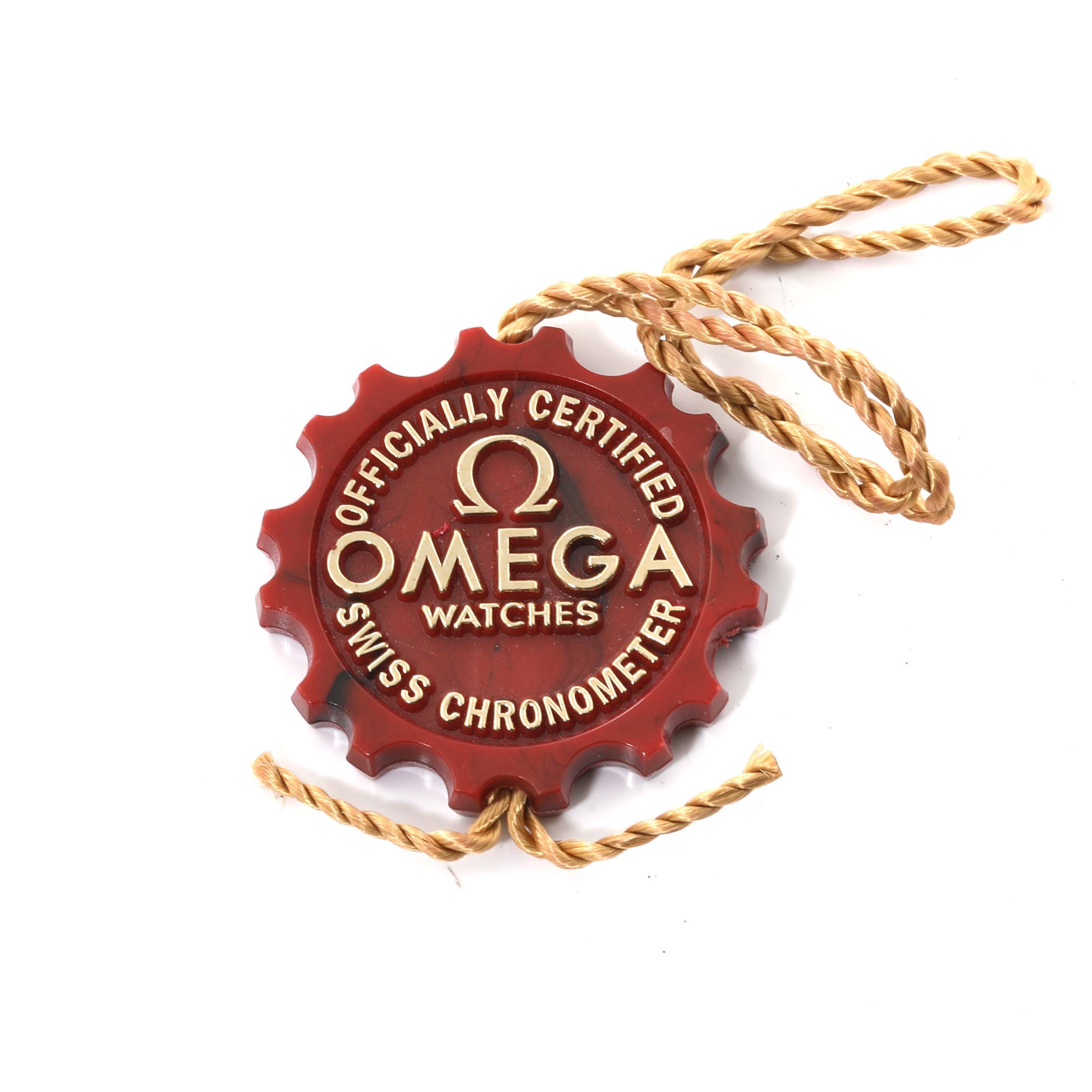 The image shows an "Omega Officially Certified Swiss Chronometer" tag for the Seamaster model.