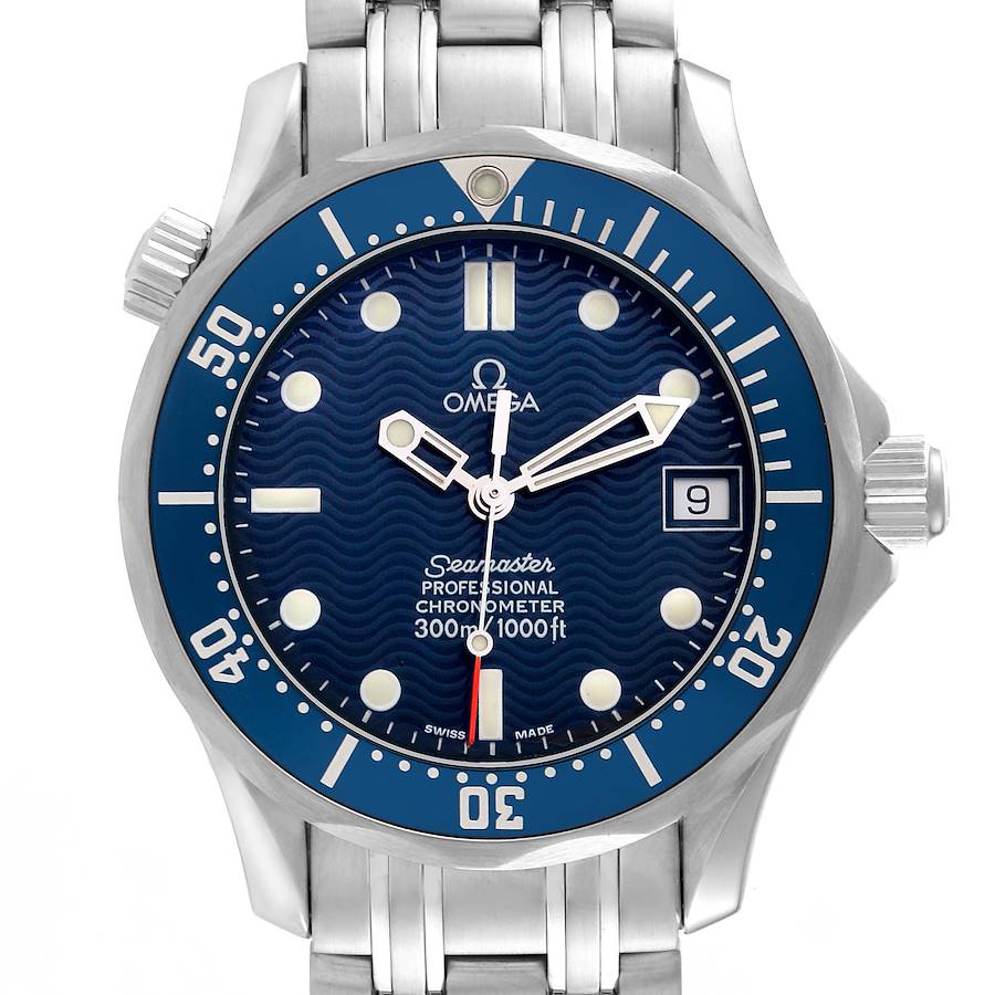 The Omega Seamaster watch is shown from a frontal angle, highlighting the dial, bezel, and stainless steel bracelet.