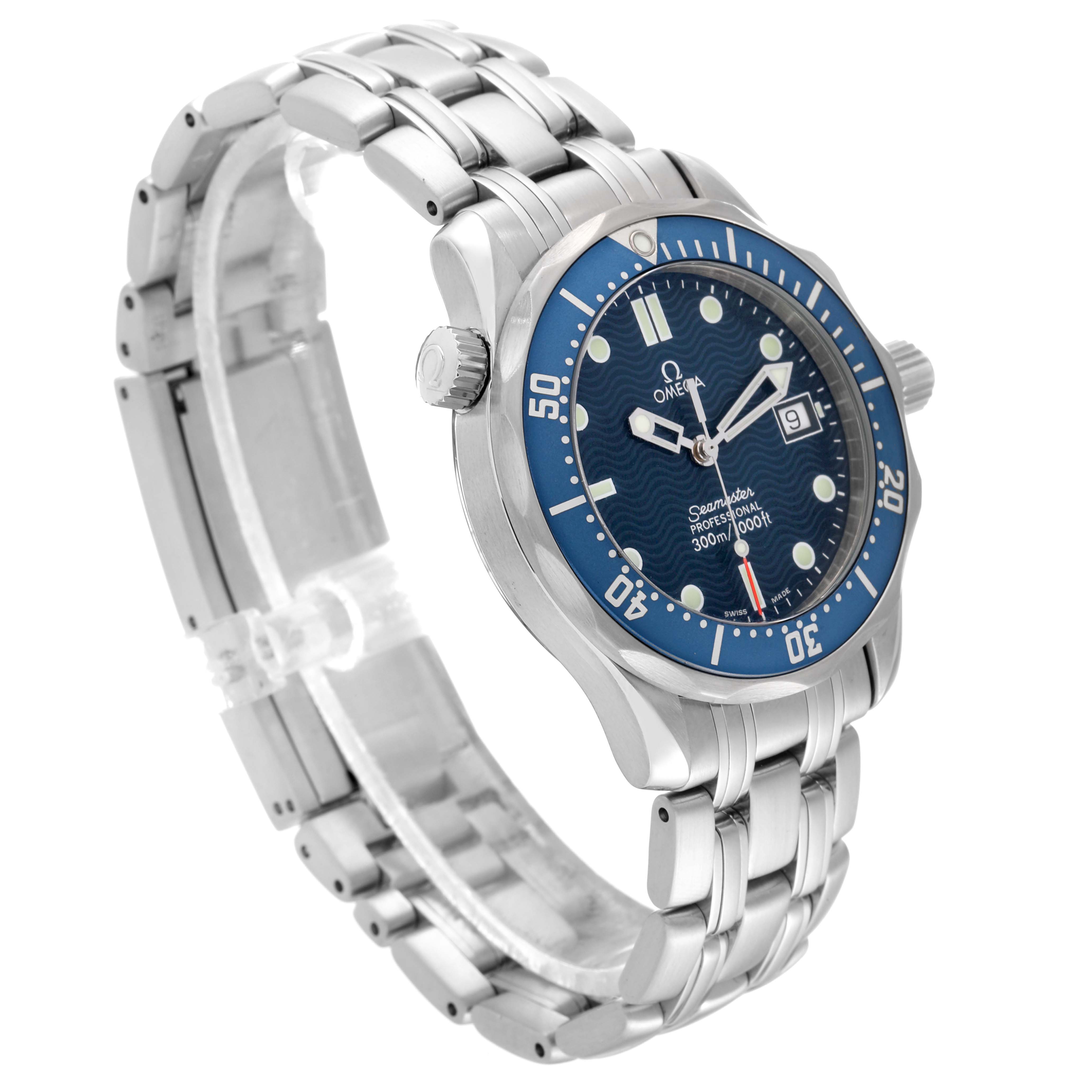 The Omega Seamaster 2561.80.00 Men
s Stainless Steel Blue Dial 2561.80.00 Men
s Stainless Steel Blue Dial watch is shown at a three-quarter angle, displaying the watch face, bezel, crown, and metal bracelet.