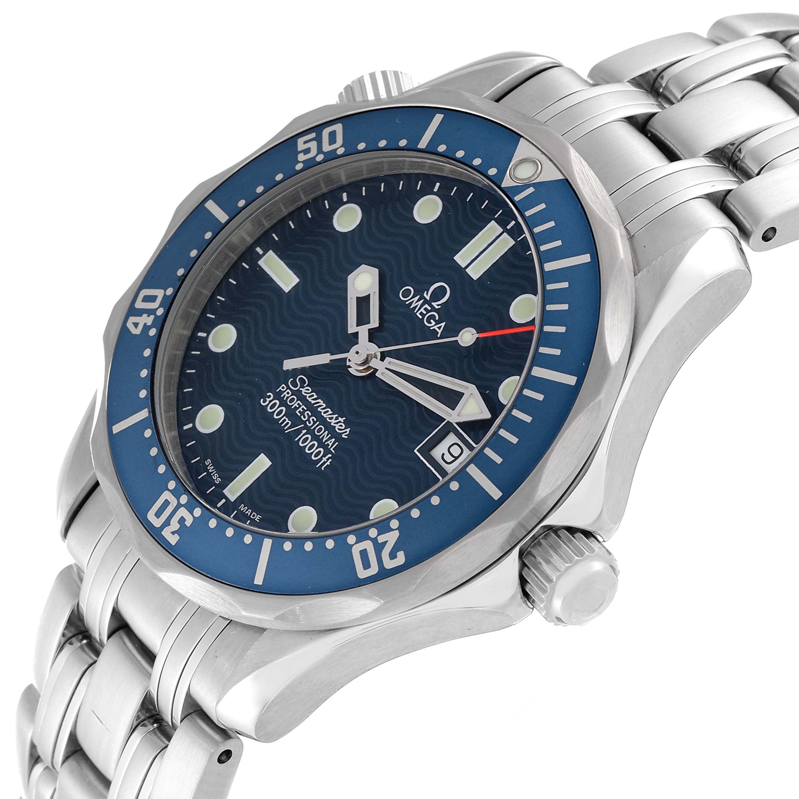 The Omega Seamaster 2561.80.00 Men
s Stainless Steel Blue Dial 2561.80.00 Men
s Stainless Steel Blue Dial watch is shown at a three-quarter angle, highlighting the dial, bezel, crown, and stainless steel bracelet.