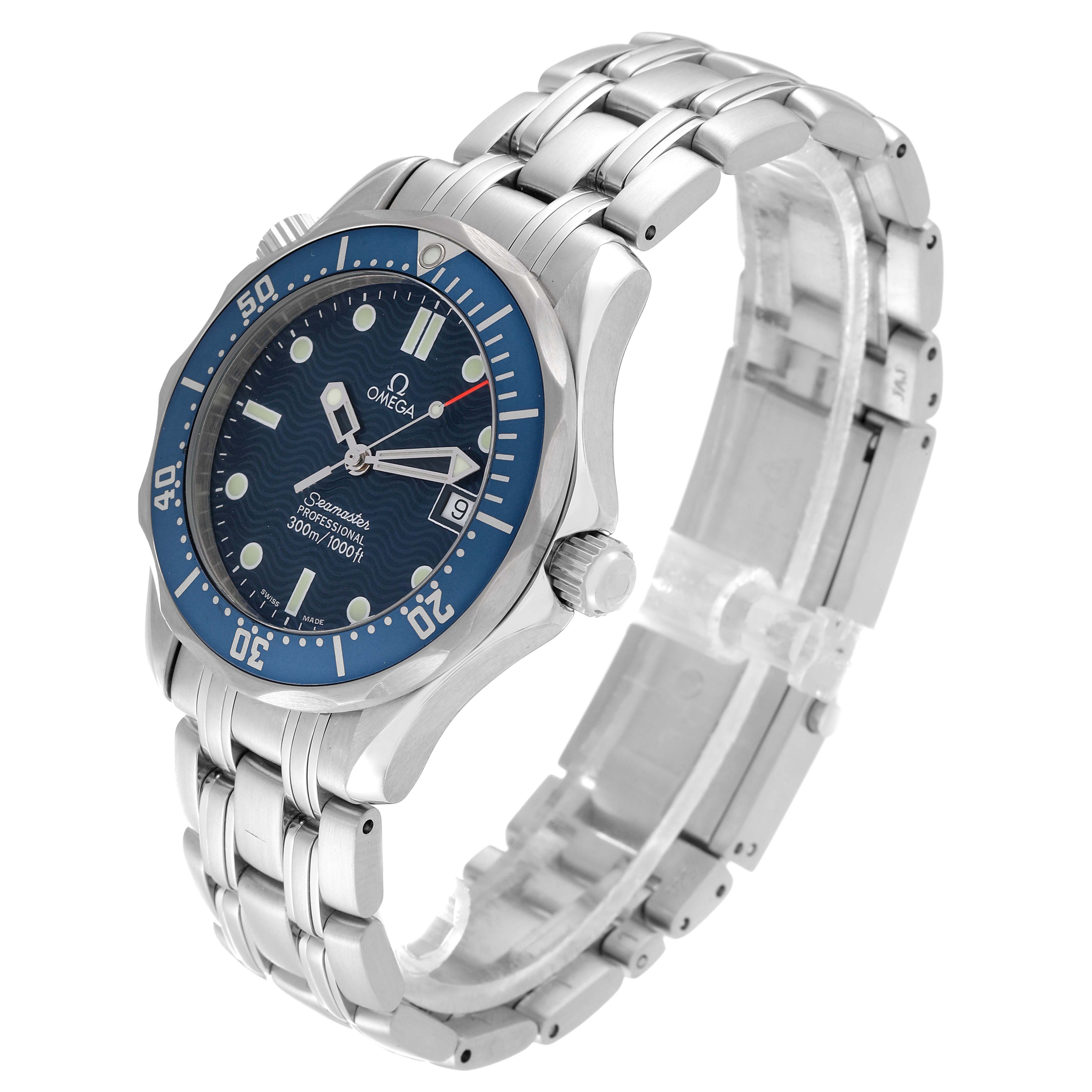 This Omega Seamaster 2561.80.00 Men
s Stainless Steel Blue Dial 2561.80.00 Men
s Stainless Steel Blue Dial watch is angled to show the face, bezel, crown, and bracelet in a side and front view.