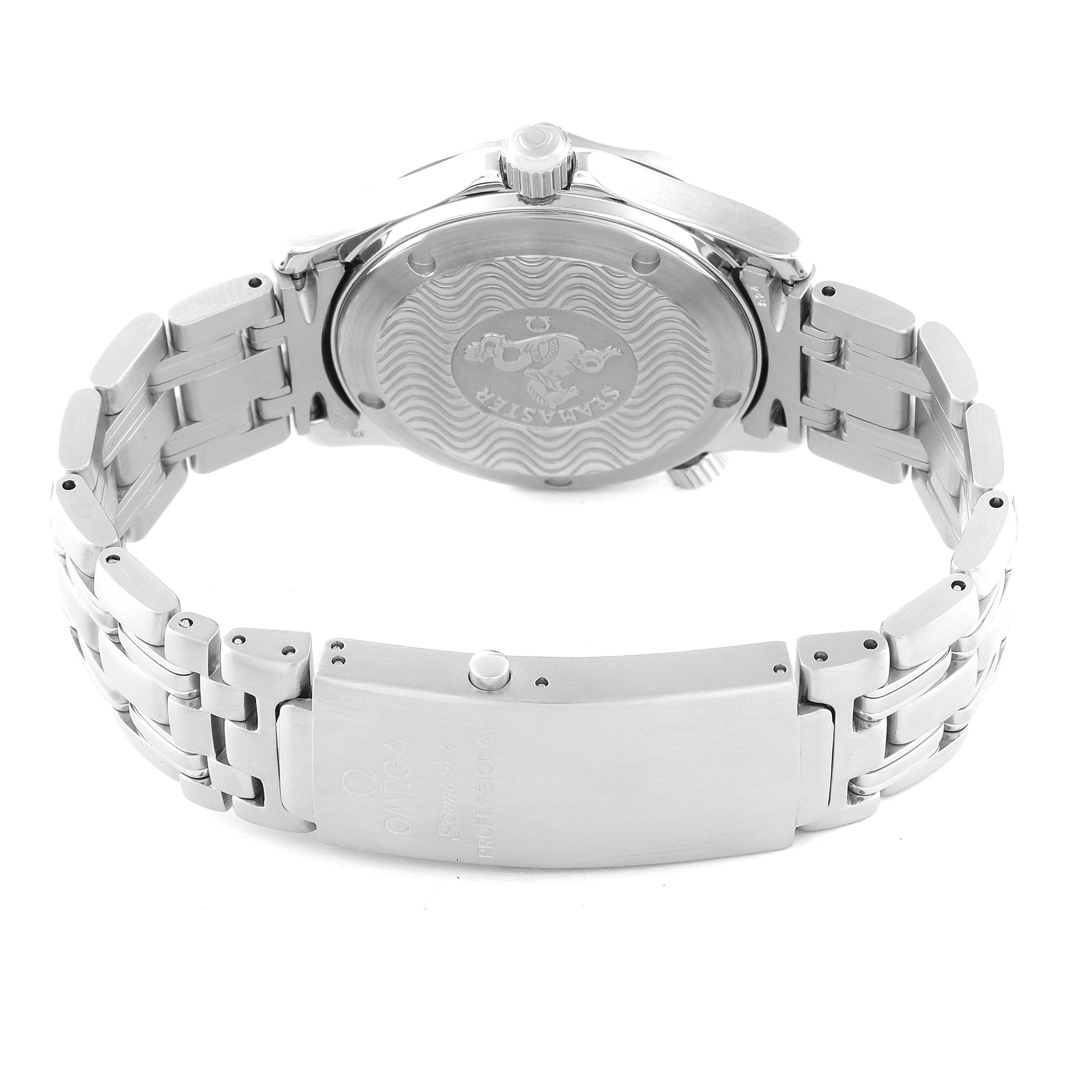 The image shows the back and bracelet of the Omega Seamaster 2561.80.00 Men
s Stainless Steel Blue Dial 2561.80.00 Men
s Stainless Steel Blue Dial watch from a rear angle.