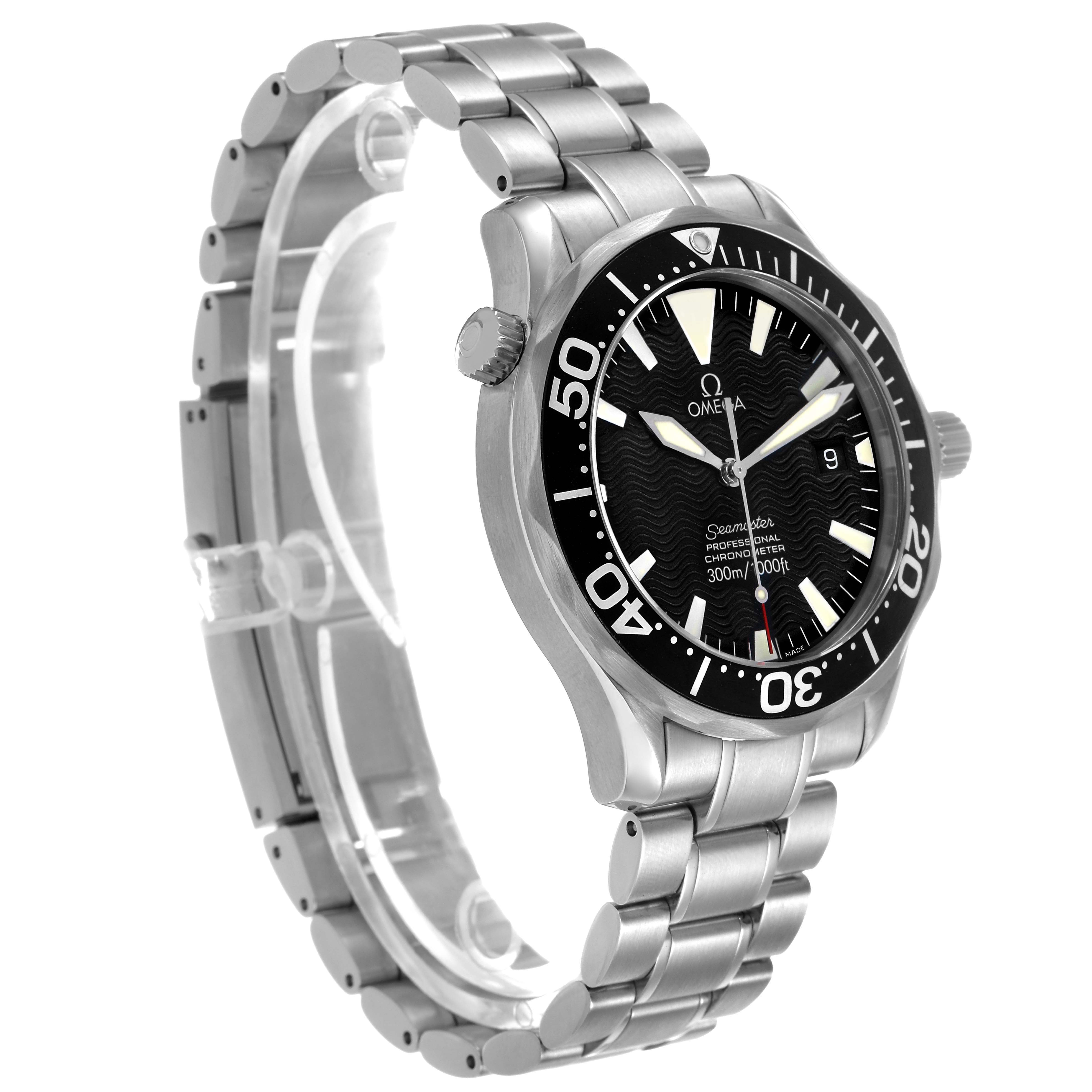 The Omega Seamaster 2254.50.00 Men's Stainless Steel Black Dial watch is shown from a 3/4 angle, highlighting the dial, bezel, crown, and stainless steel bracelet.