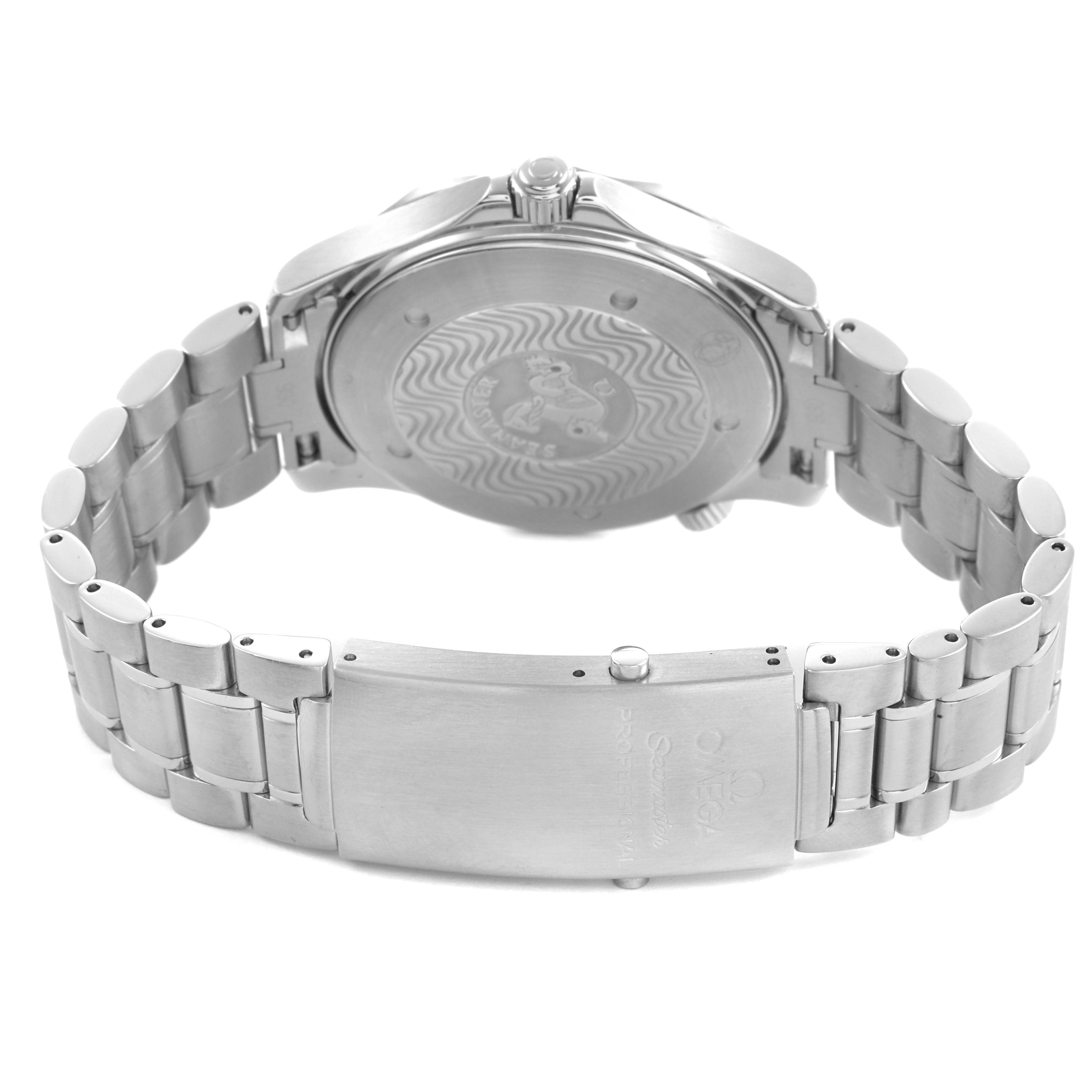 This image shows the back of the Omega Seamaster 2254.50.00 Men's Stainless Steel Black Dial watch, highlighting the case back and bracelet clasp.