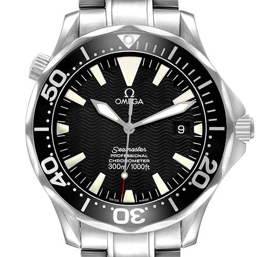 The Omega Seamaster 2254.50.00 Men's Stainless Steel Black Dial watch is shown from a top view, highlighting the dial, bezel, case, and bracelet.