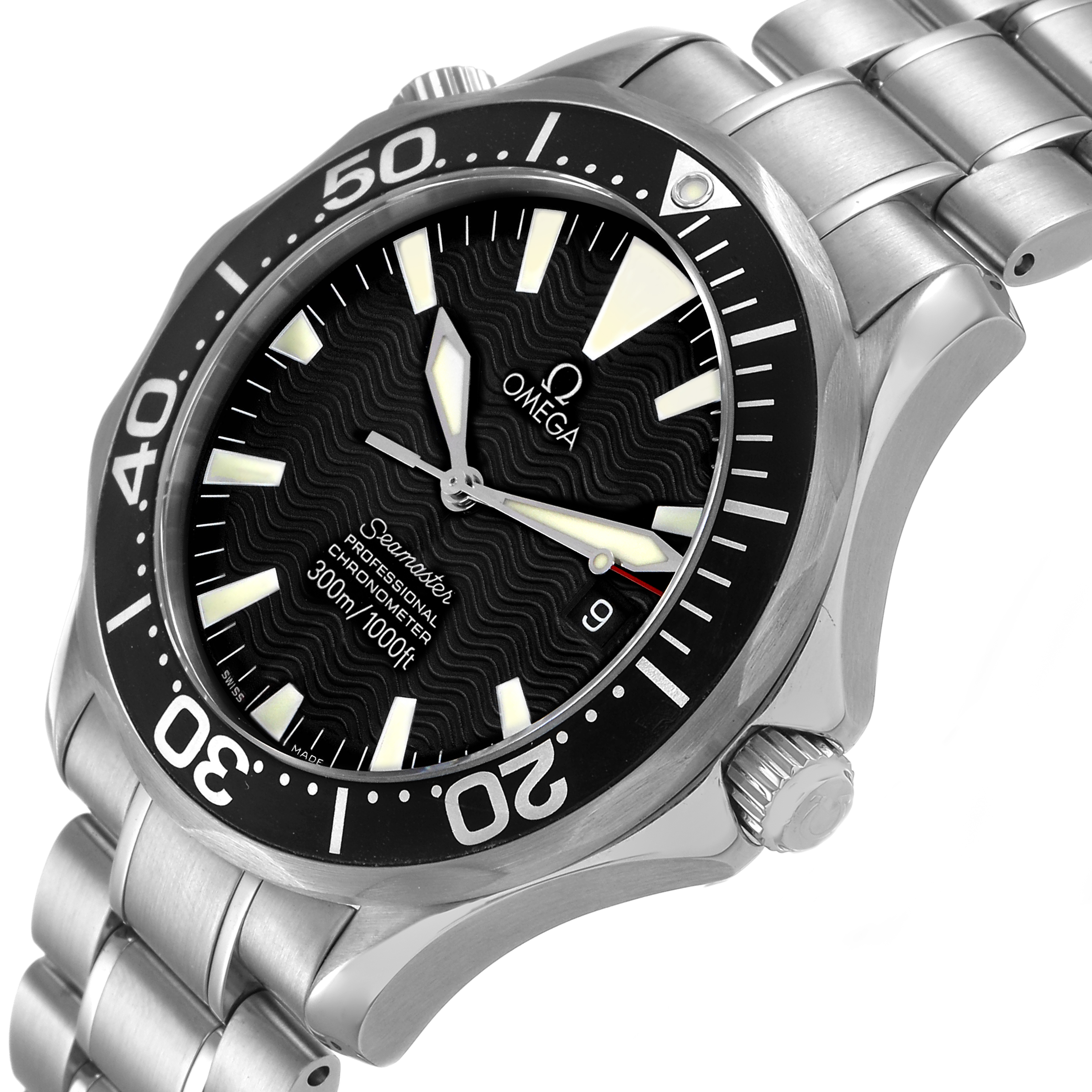 The Omega Seamaster 2254.50.00 Men's Stainless Steel Black Dial watch is shown from a left-side angle, displaying the dial, bezel, crown, and part of the bracelet.