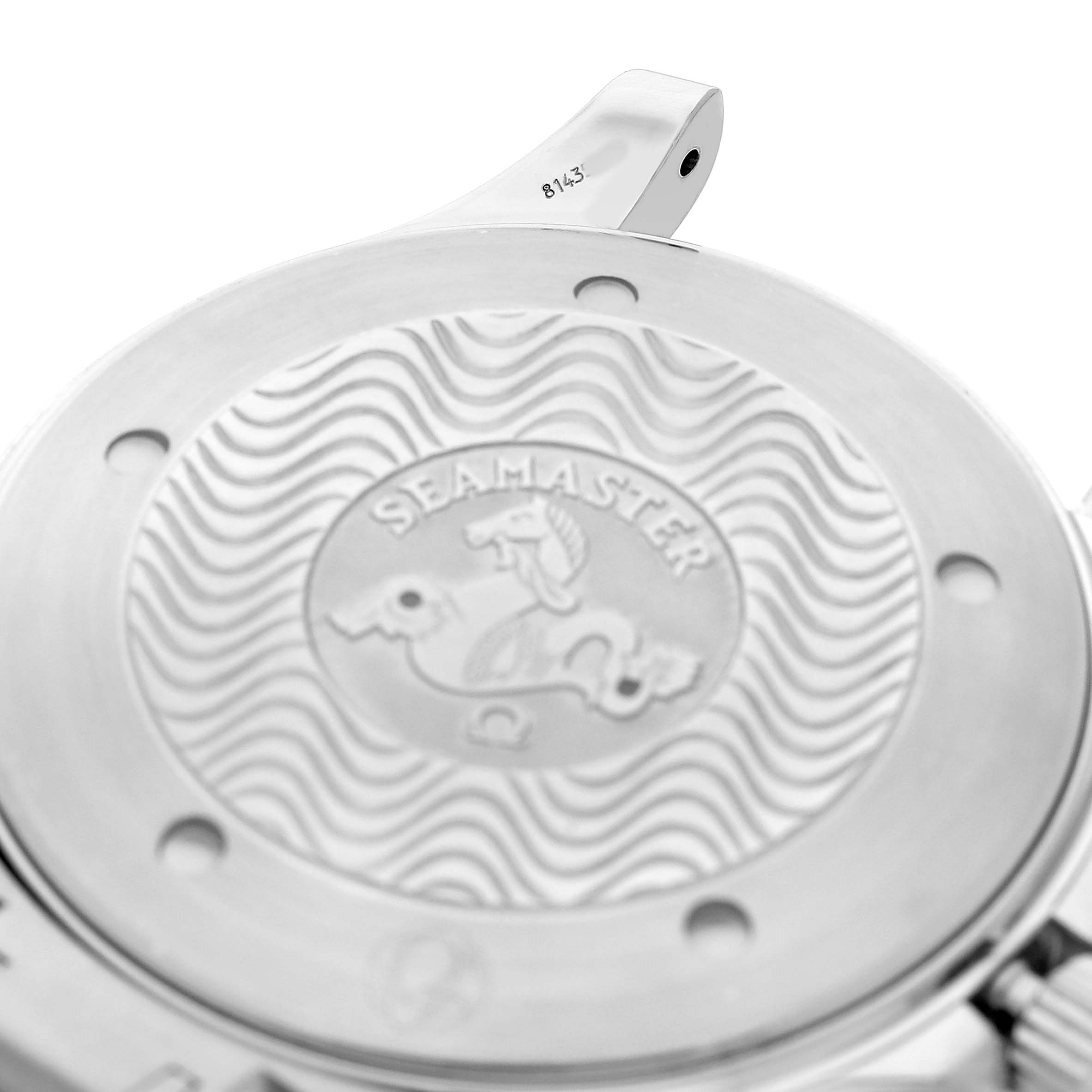 The image shows the engraved case back of an Omega Seamaster 2254.50.00 Men's Stainless Steel Black Dial watch from a close-up angle.