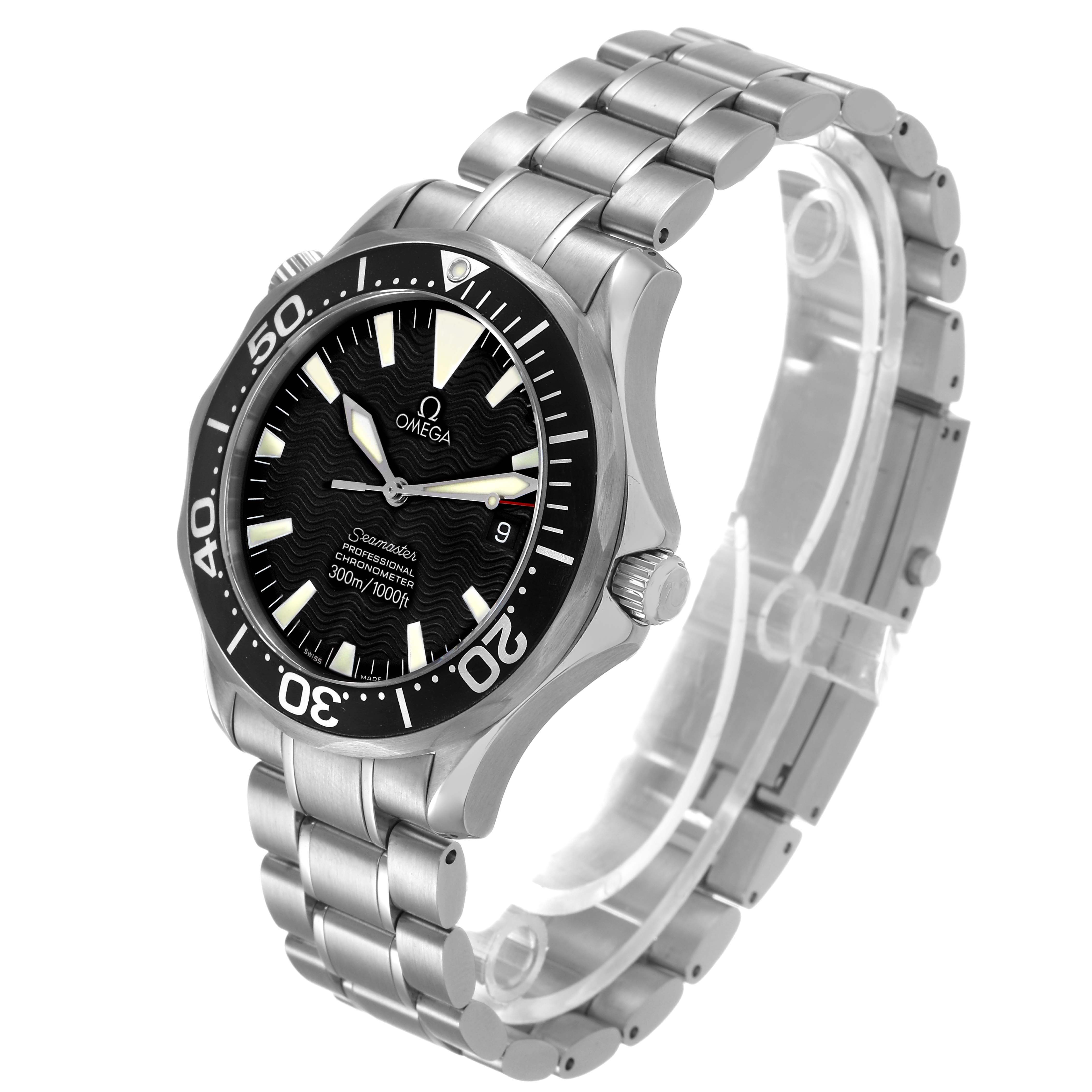 The Omega Seamaster 2254.50.00 Men's Stainless Steel Black Dial watch is shown at a three-quarter angle, displaying the face, bezel, crown, and stainless steel bracelet.