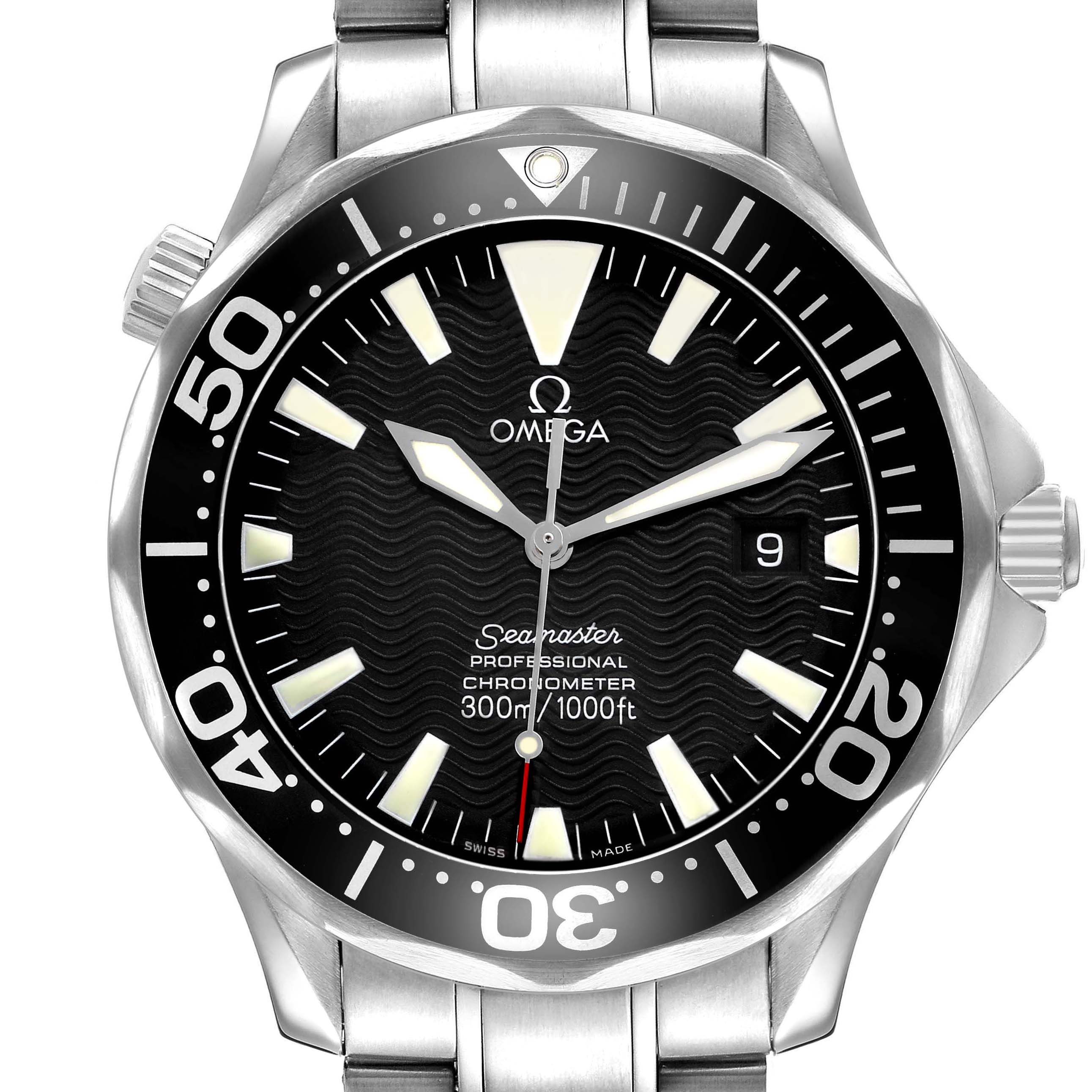 The Omega Seamaster 2254.50.00 Men's Stainless Steel Black Dial watch is shown from the front, displaying its dial, bezel, and part of the bracelet.