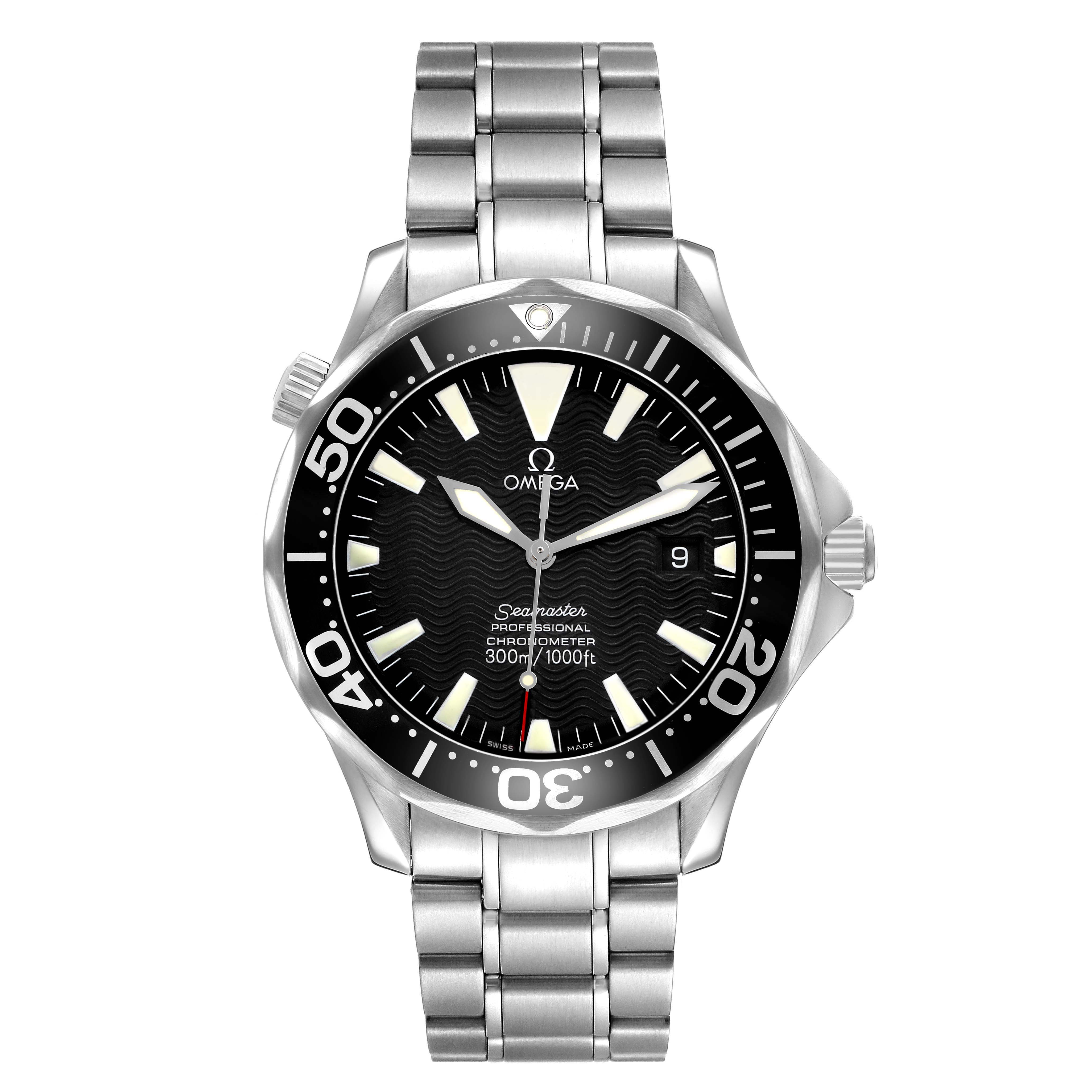 The Omega Seamaster 2254.50.00 Men's Stainless Steel Black Dial watch is shown from a top-down angle, displaying its face, bezel, and metal bracelet.
