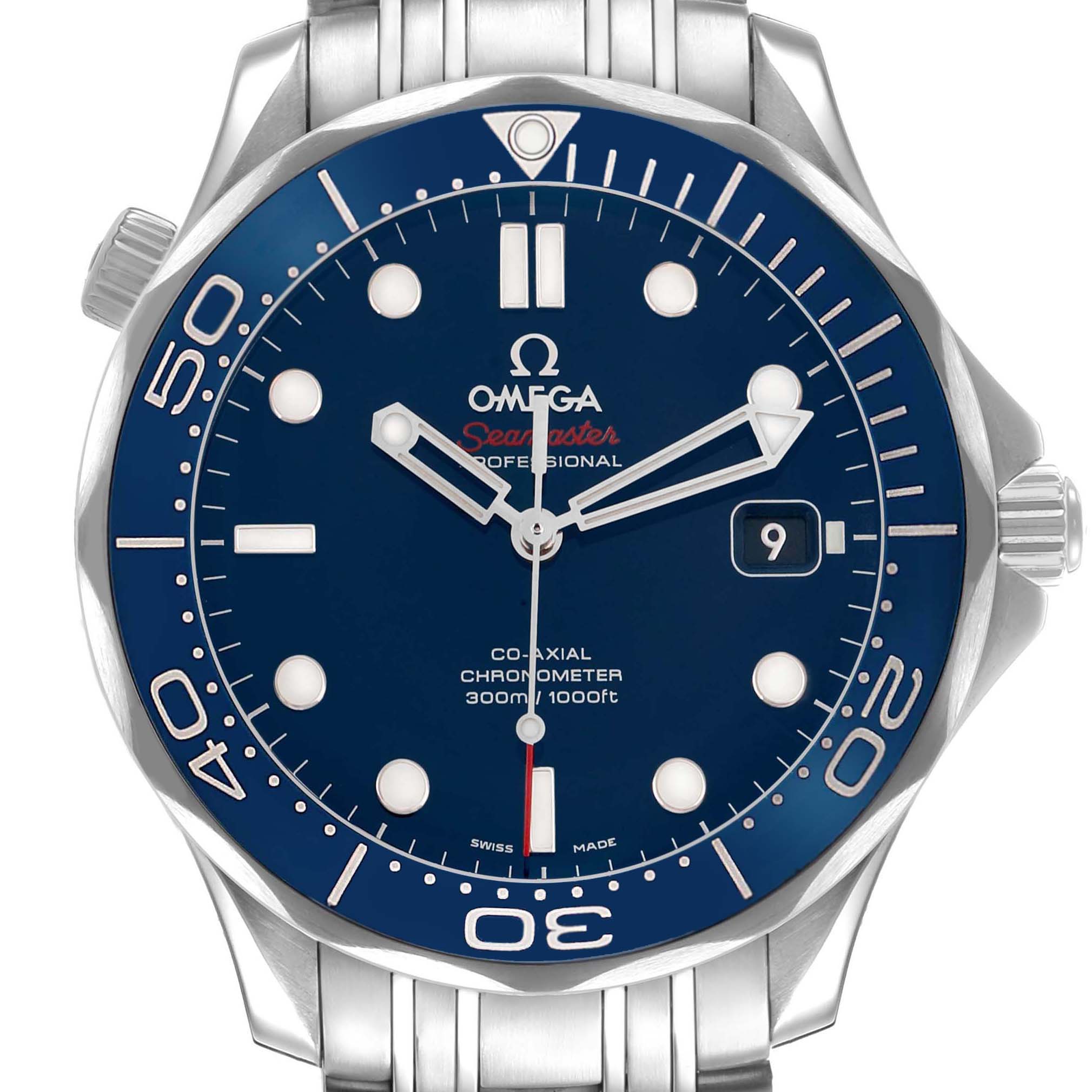 The Omega Seamaster 212.30.41.20.03.001 Men's Stainless Steel Blue Dial model is shown from a top view, highlighting the blue dial, bezel, hands, date window, and partial bracelet.