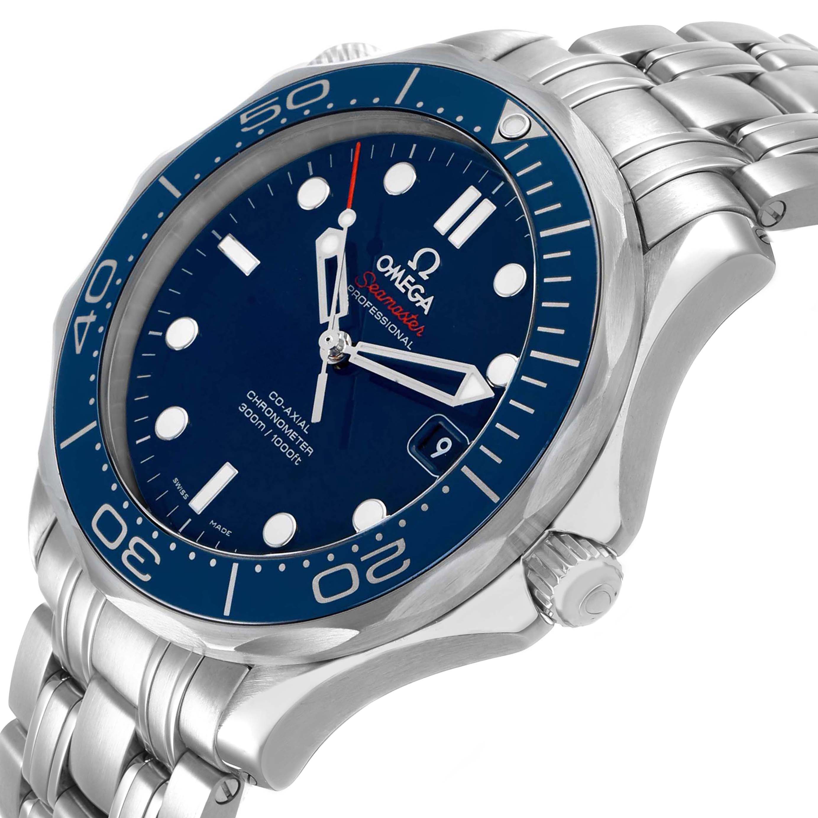 The Omega Seamaster 212.30.41.20.03.001 Men's Stainless Steel Blue Dial is shown from a slight side angle, highlighting the bezel, dial, crown, and bracelet.