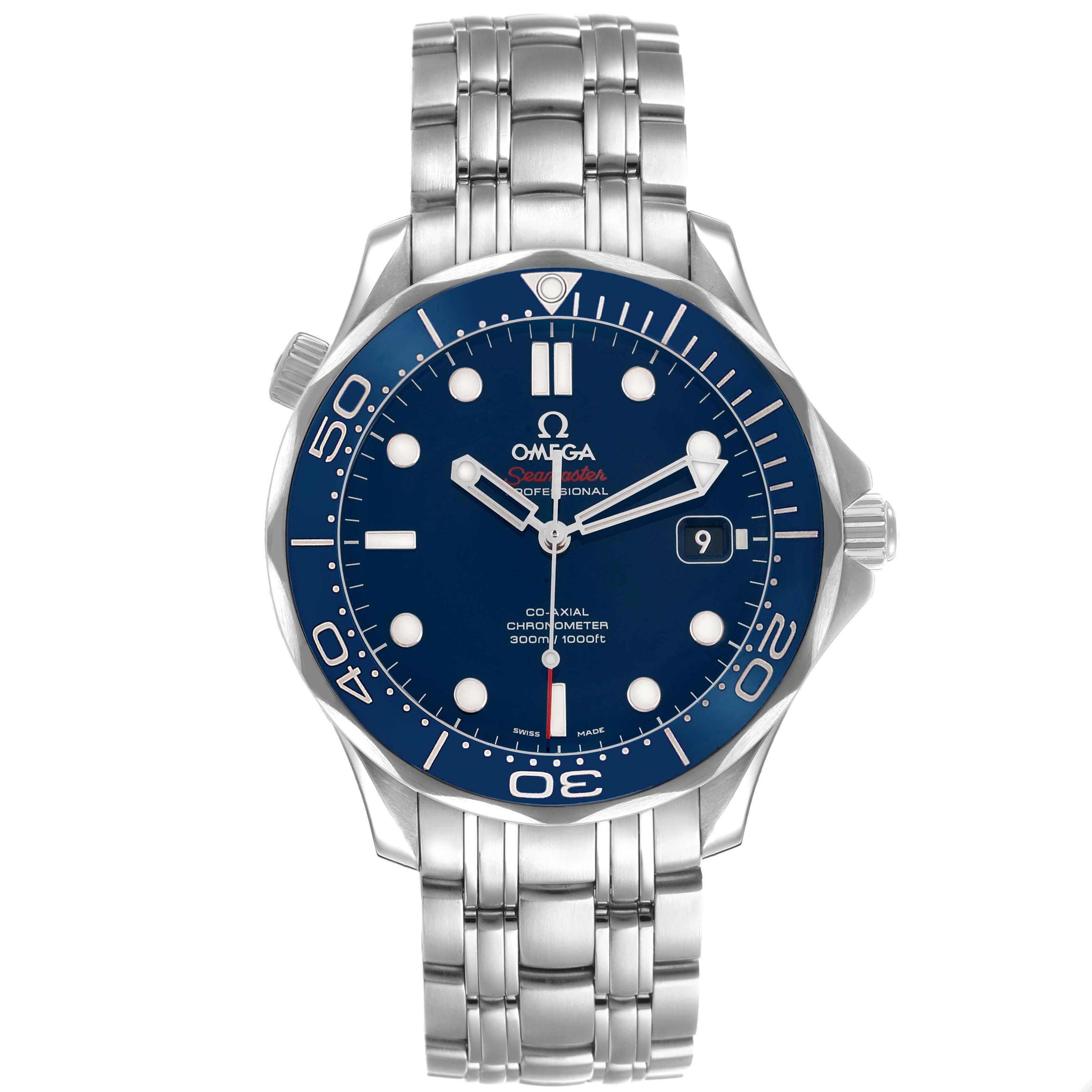 The Omega Seamaster 212.30.41.20.03.001 Men's Stainless Steel Blue Dial watch is shown from a front angle, displaying the dial, bezel, and stainless steel bracelet.