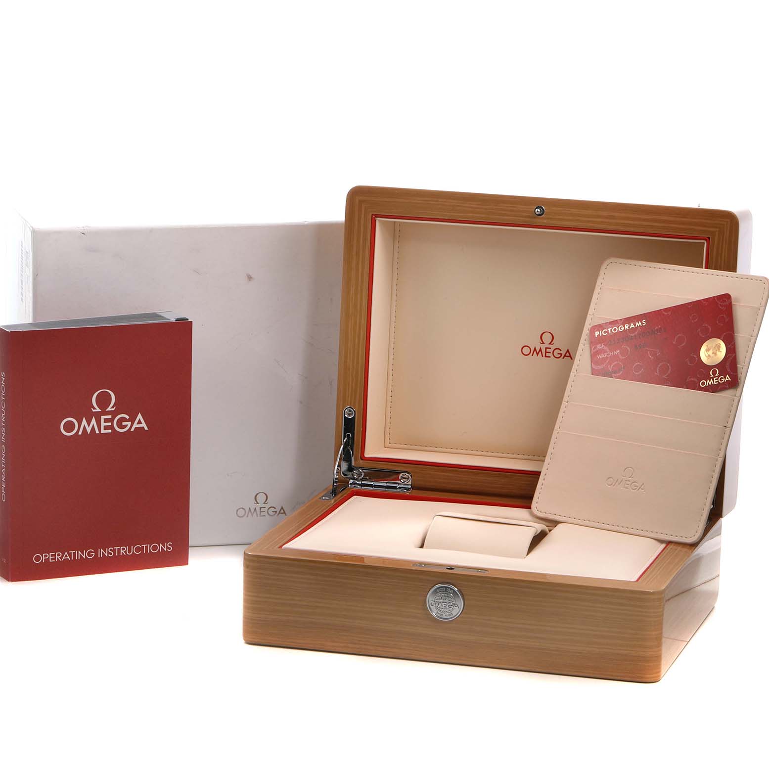 The image shows an open Omega Seamaster 212.30.41.20.03.001 Men's Stainless Steel Blue Dial watch box, instruction manual, and warranty card holder.
